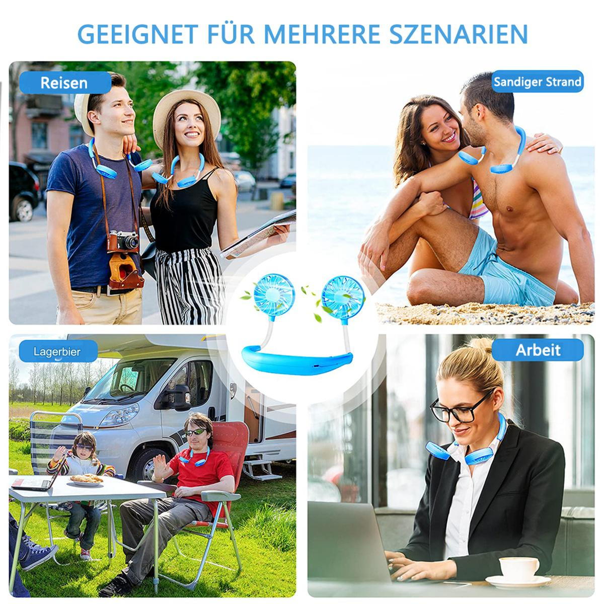 Menschen, die Nackenfächer in verschiedenen Szenarien benutzen.