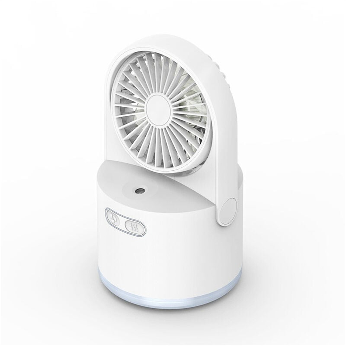 Ein weißer tragbarer Ventilator mit weißen Lüfterflügeln und Knöpfen.