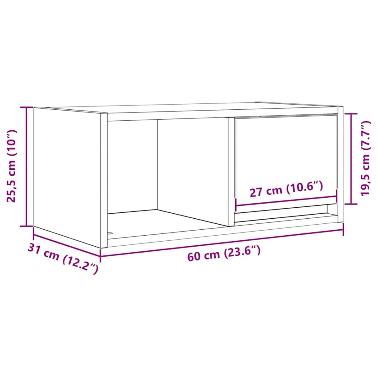 Ein Diagramm zeigt einen an der Wand befestigten Schrank mit Abmessungen in cm und Zoll, mit einem offenen Fach und einer Schublade.