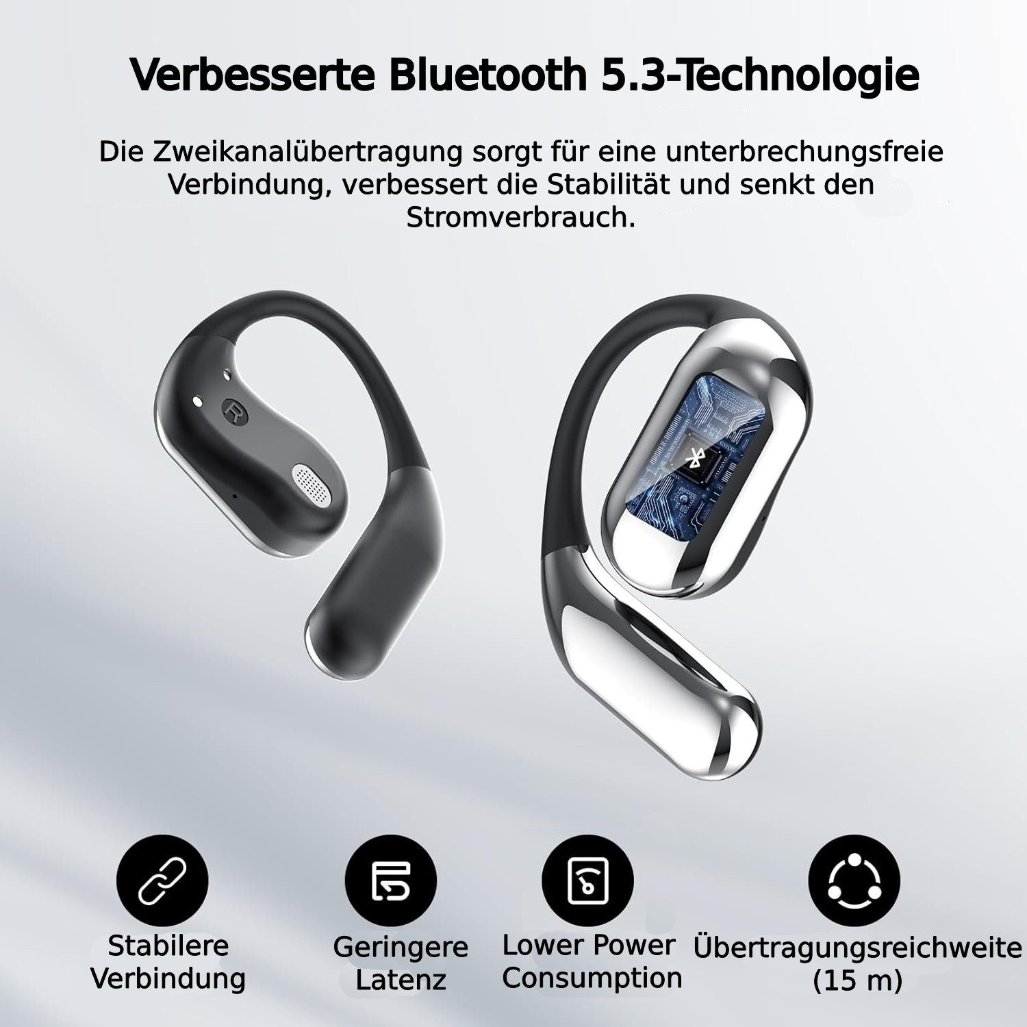Zwei schwarze und silberne Ohrhörer, mit Text, der Vorteile wie stabile Verbindung und geringeren Stromverbrauch angibt.