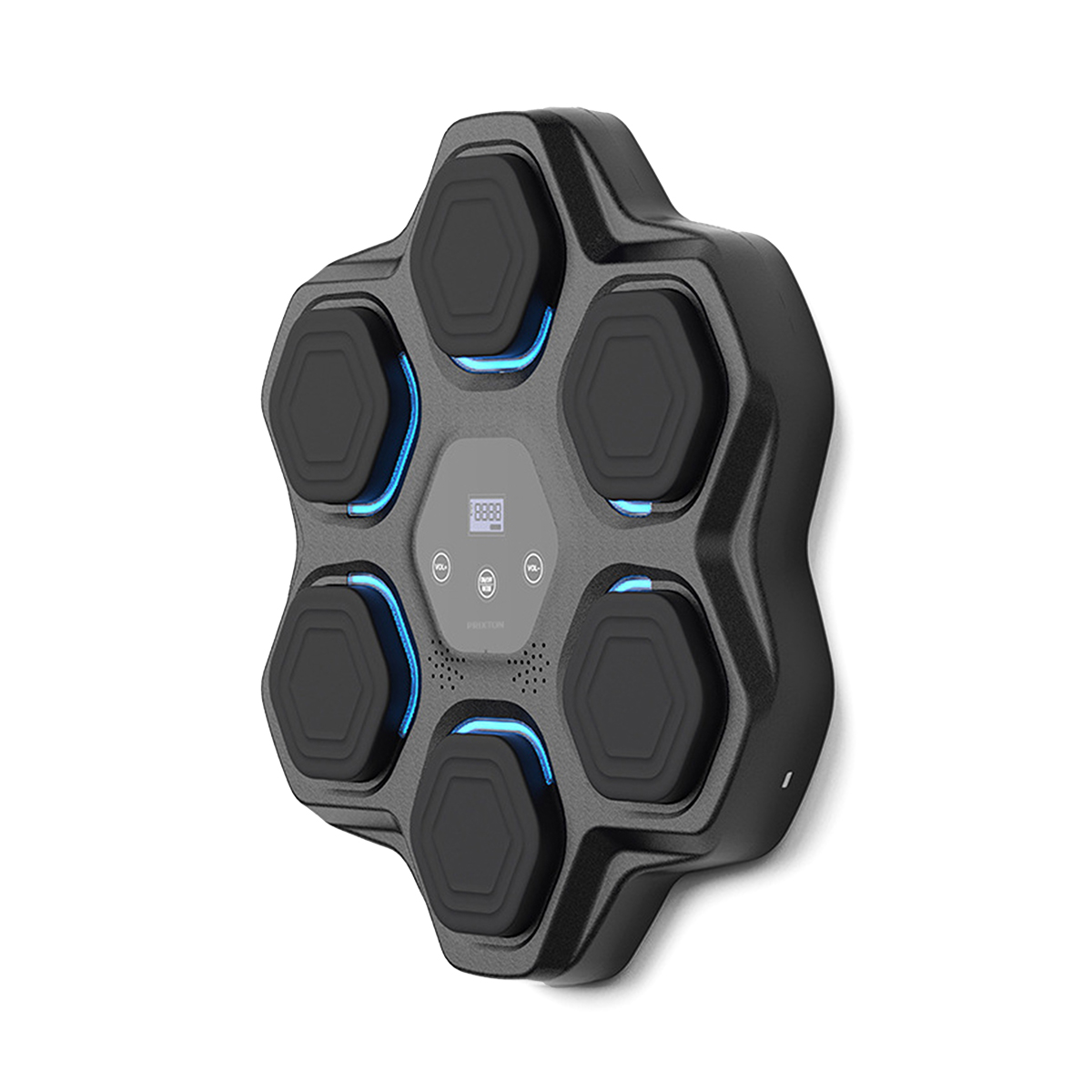 Czarne urządzenie z sześciokątnymi kształtami i niebieskimi światłami na białym tle.