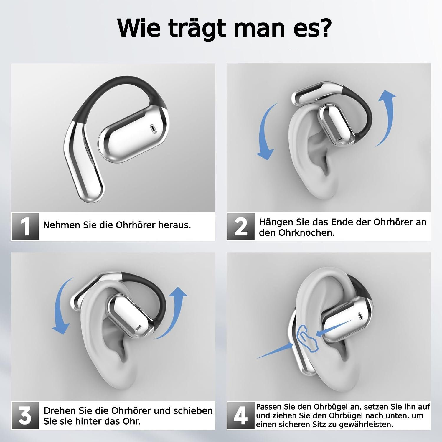Vierfeld-Diagramm, wie man einen Kopfhörer am Ohr trägt.