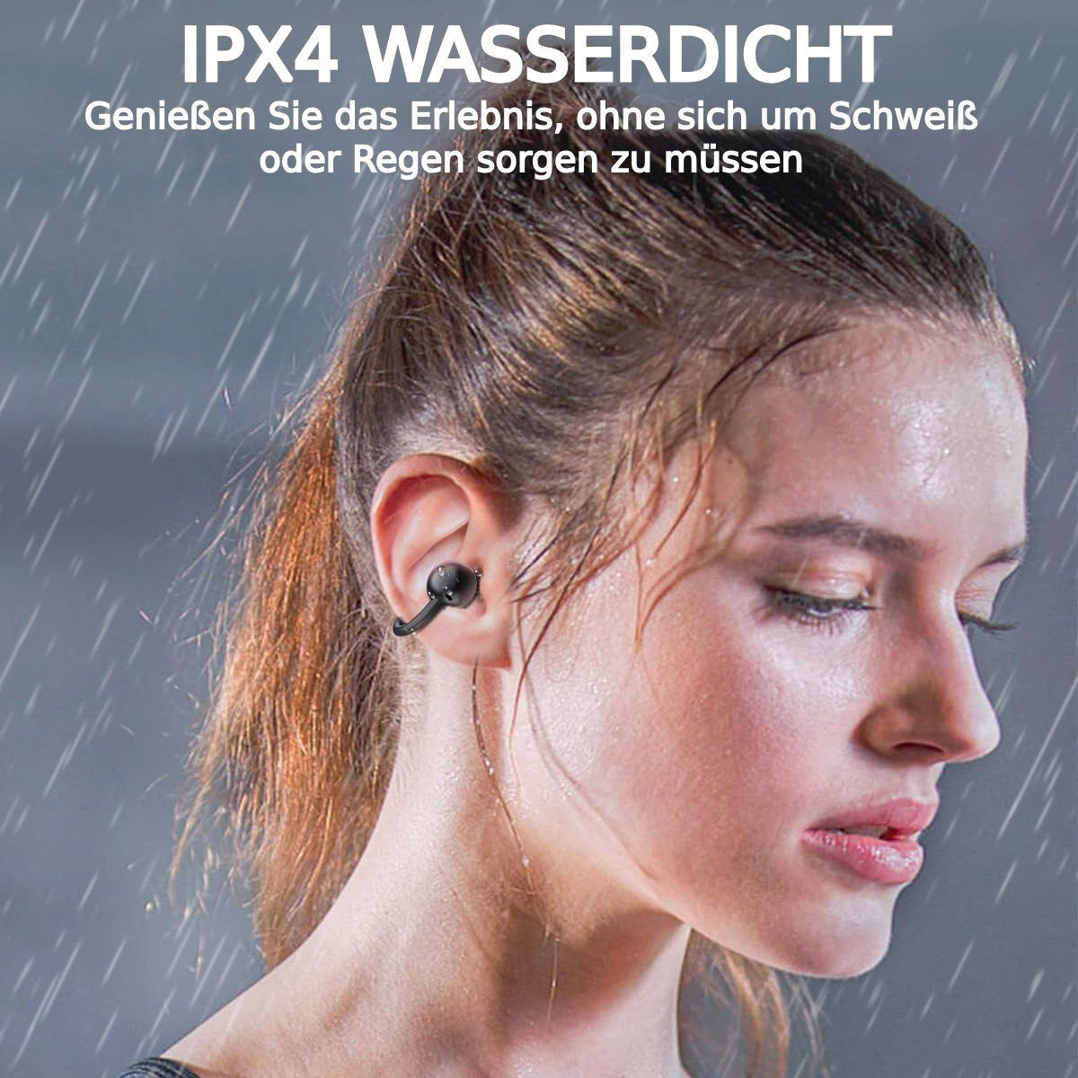 Eine Frau, die im Regen einen Ohrhörer trägt. Das Bild wirbt für IPX4 Wasserdichtigkeit.