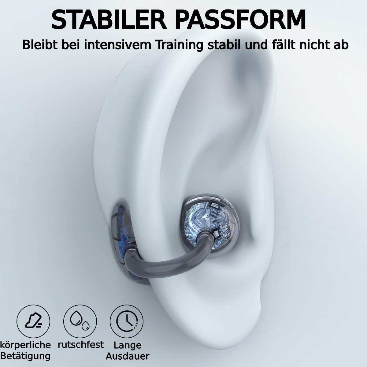 Nahaufnahme eines Ohrs mit einem In-Ear-Hörgerät. Text in deutscher Sprache umgibt das Ohr.