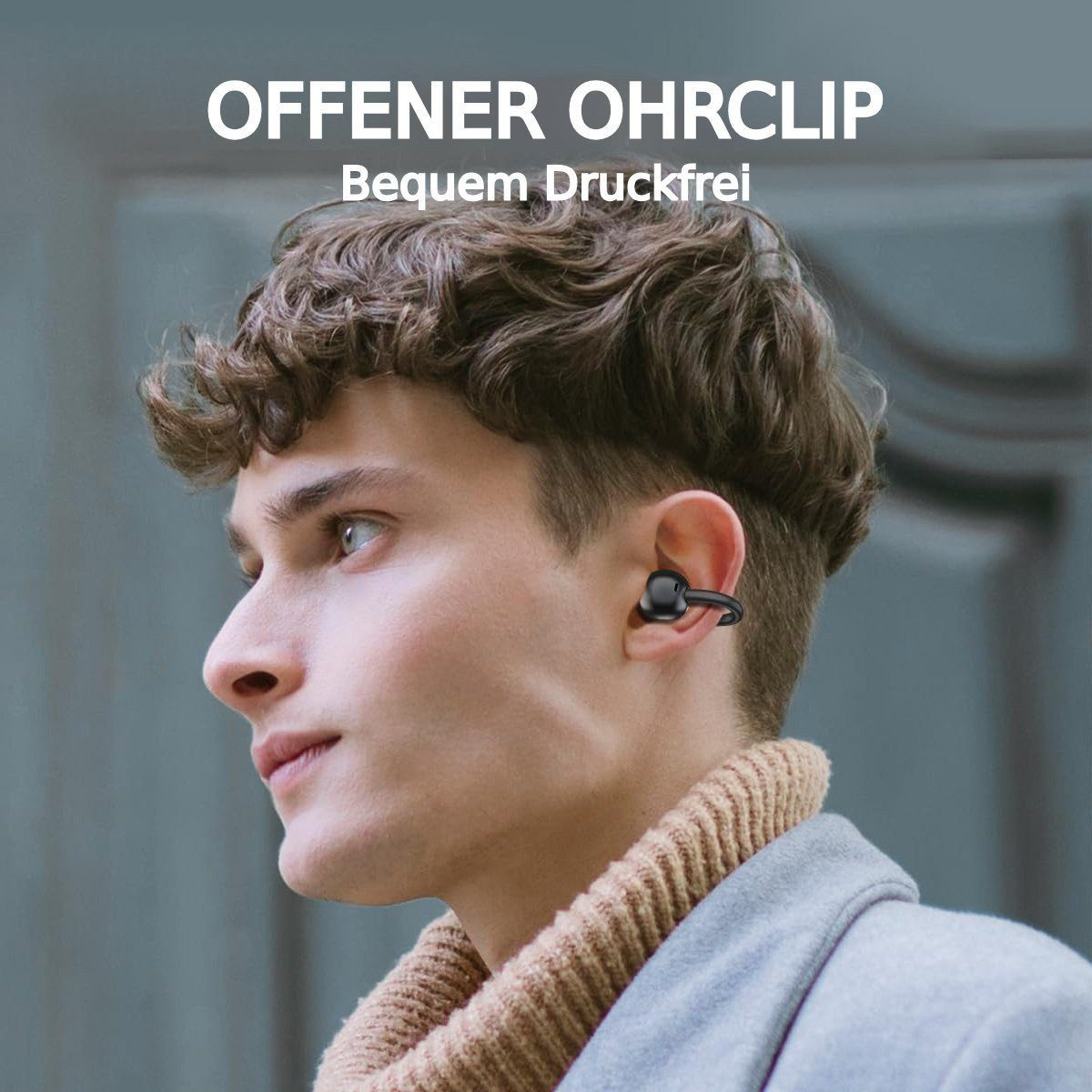 Ein Mann trägt einen schwarzen Ohrhörer. Der Ohrhörer wird per Clip befestigt und sitzt bequem.