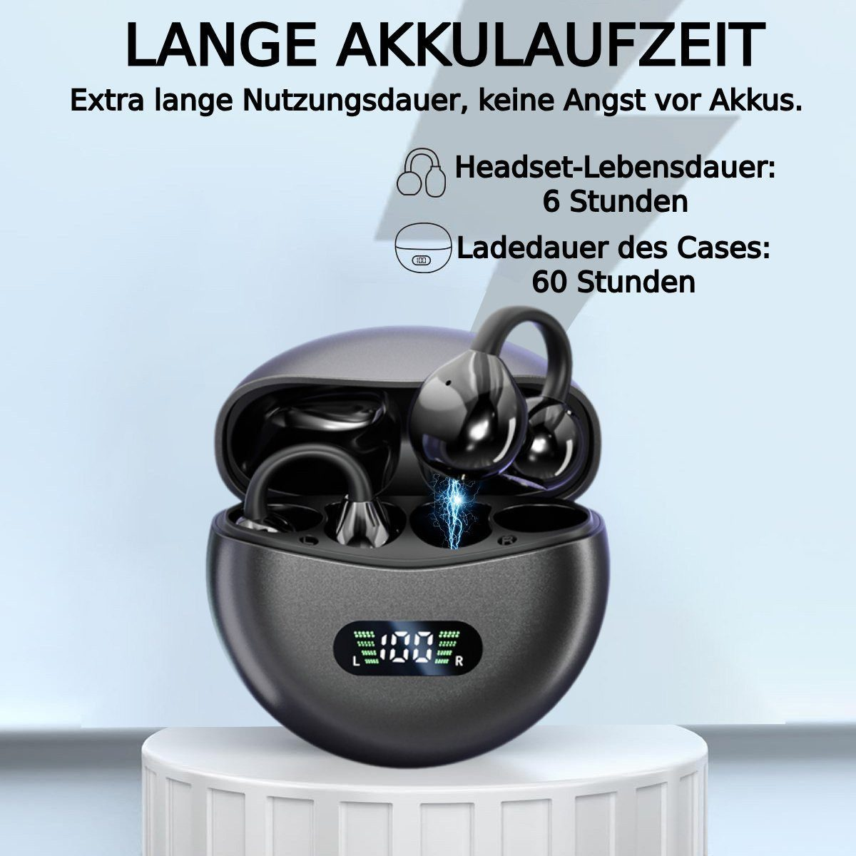 Ohrhörer in einem Ladeetui auf einem Ständer. Text erwähnt Akkulaufzeit und Ladezeit.