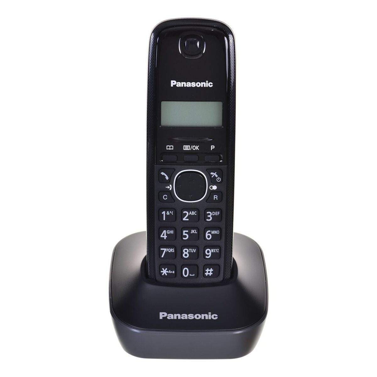 Un téléphone sans fil Panasonic noir. Il est sur sa base, avec un clavier numérique et un écran.