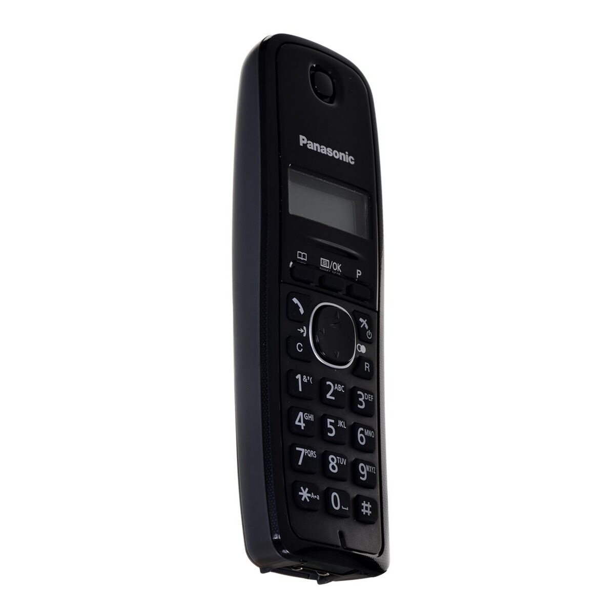 Un téléphone sans fil Panasonic noir. Il a un clavier numérique et un petit écran.