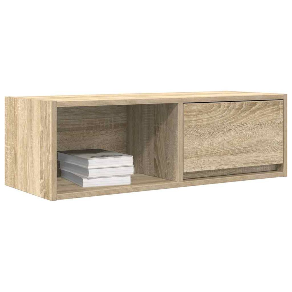 Ein Wandregal aus Holz mit Fach, Büchern und geschlossener Tür.