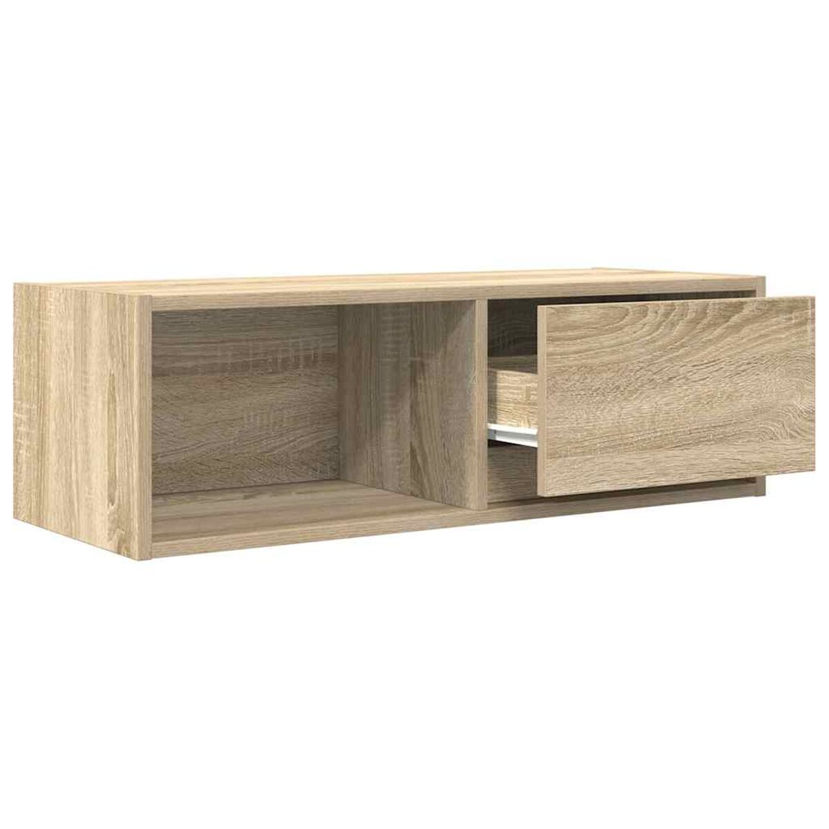 Ein Wandregal aus Holz mit einem Fach und einer offenen Schublade.