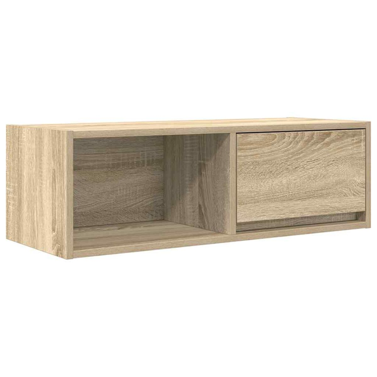 Ein hellbrauner Holzschrank mit einer Schiebetür und einem offenen Fach.