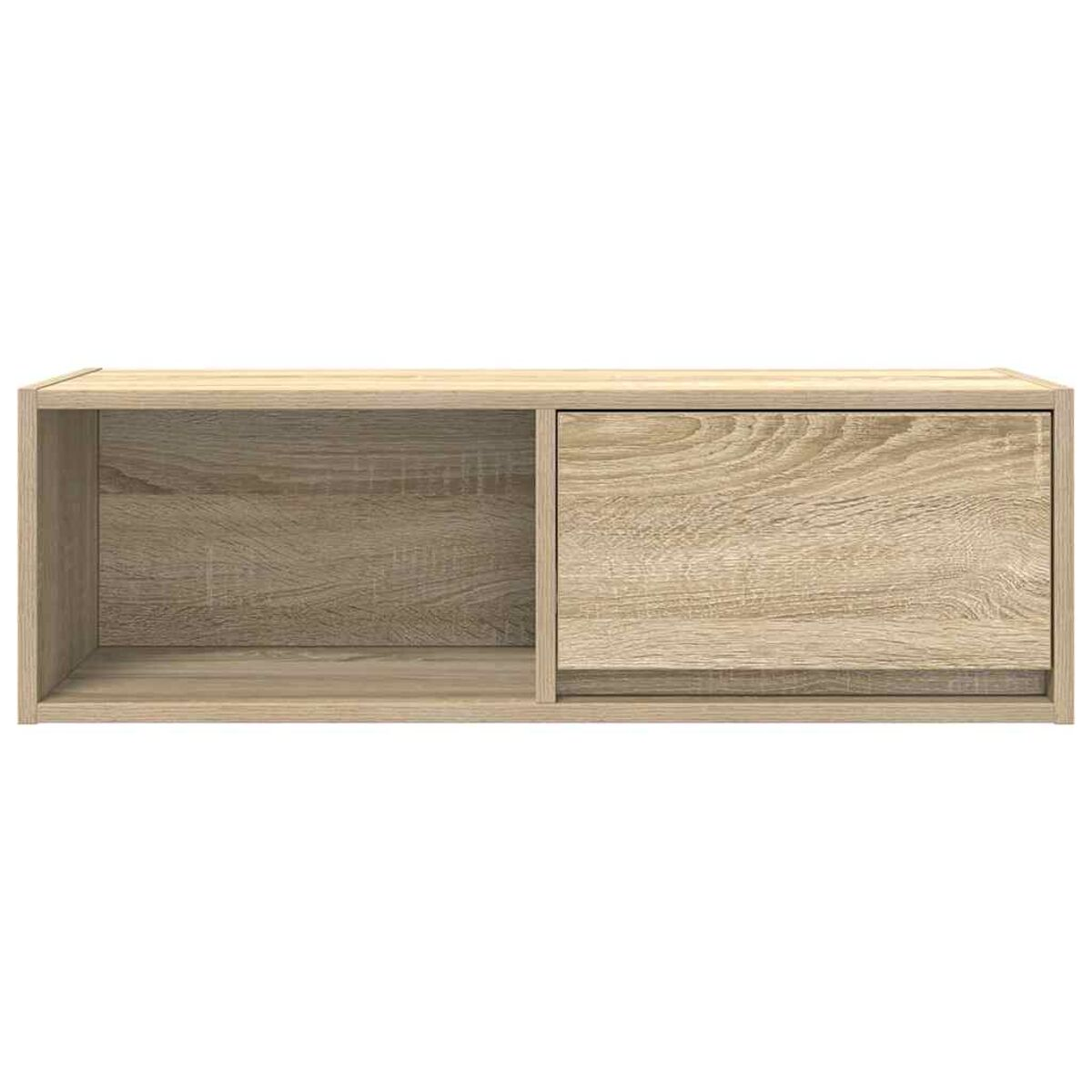 Ein Wandregal aus Holz mit einem Fach und einer geschlossenen Tür.