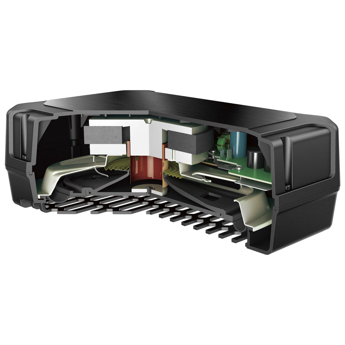 Querschnitt eines schwarzen Subwoofers mit Innenkomponenten.