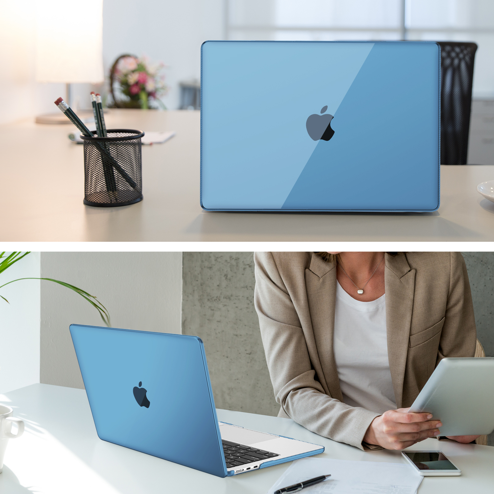Zwei Bilder eines blauen Laptops auf einem Schreibtisch. Eines zeigt ihn auf einem Schreibtisch mit Bleistiften, das andere auf einem Tisch.