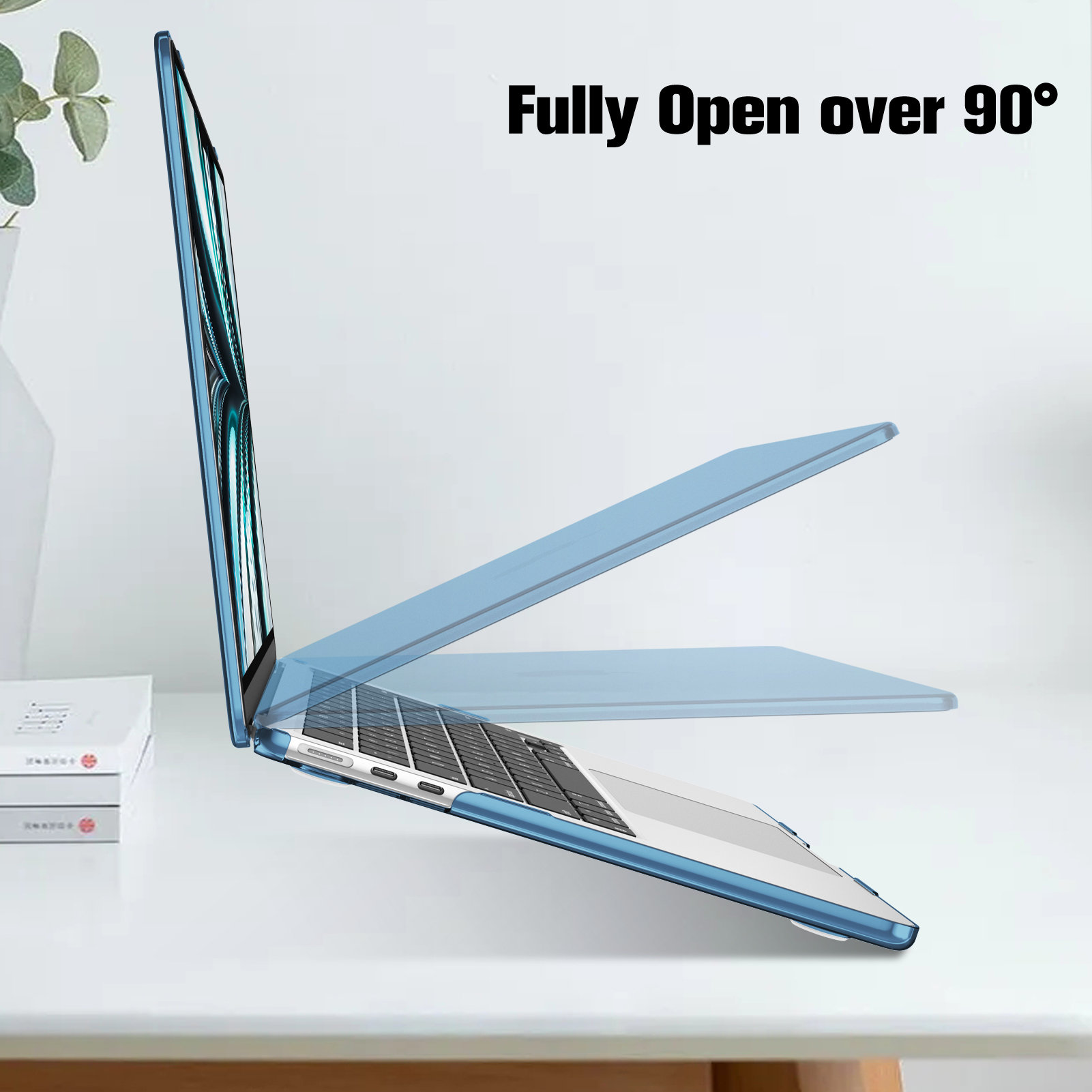 Blauer Laptop auf einem weißen Tisch. Der Deckel ist über 90 Grad geöffnet.