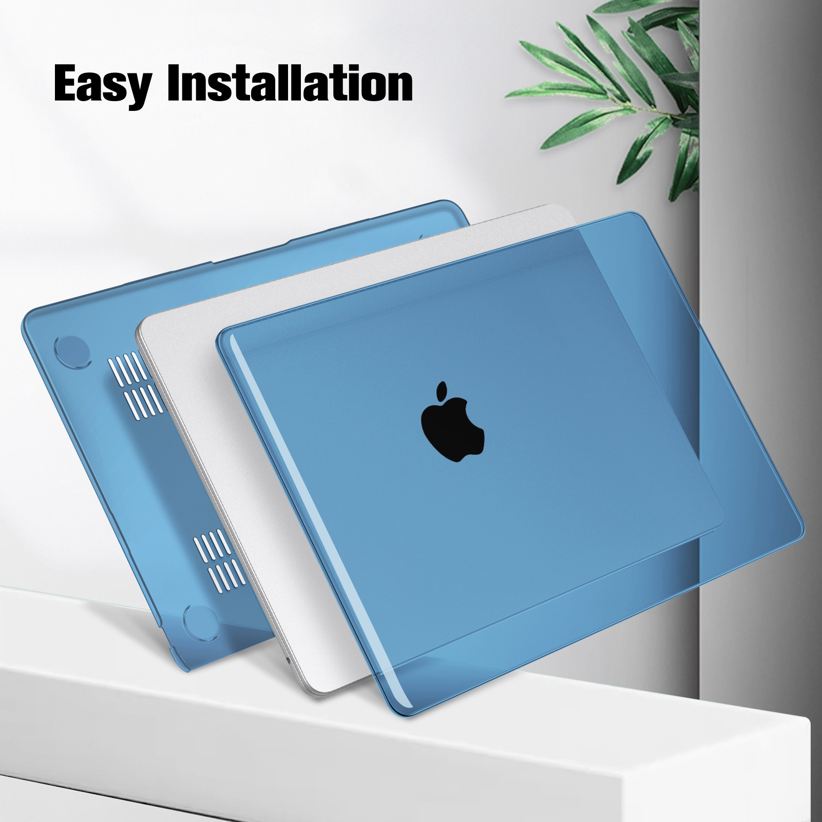 Blaue Laptop-Hüllen-Sets mit einem weißen Laptop. Der Text 'Einfache Installation' steht oben im Bild.