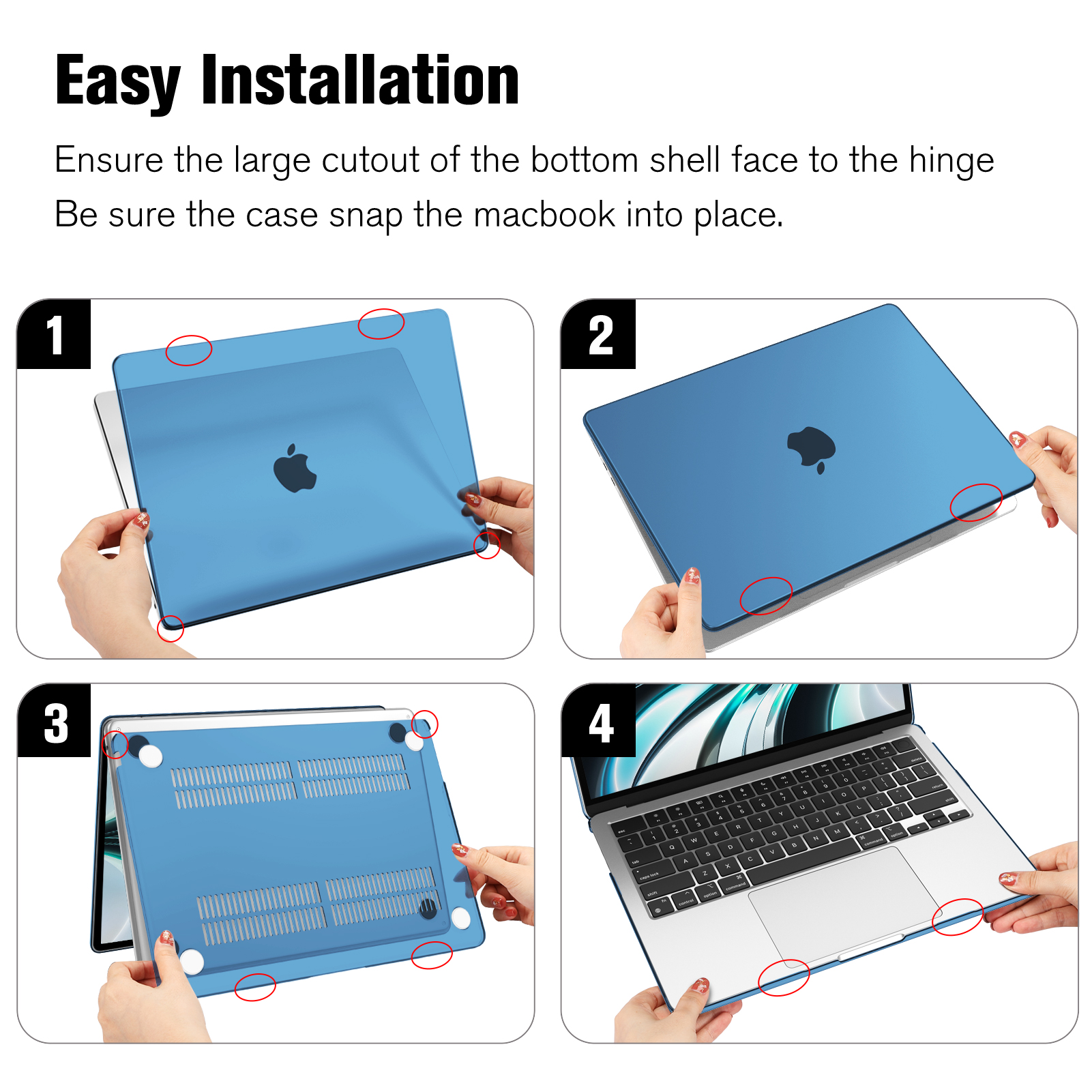 Vier Bilder, die die Installation einer blauen Laptop-Hülle zeigen. Die Hände einer Person sind sichtbar.