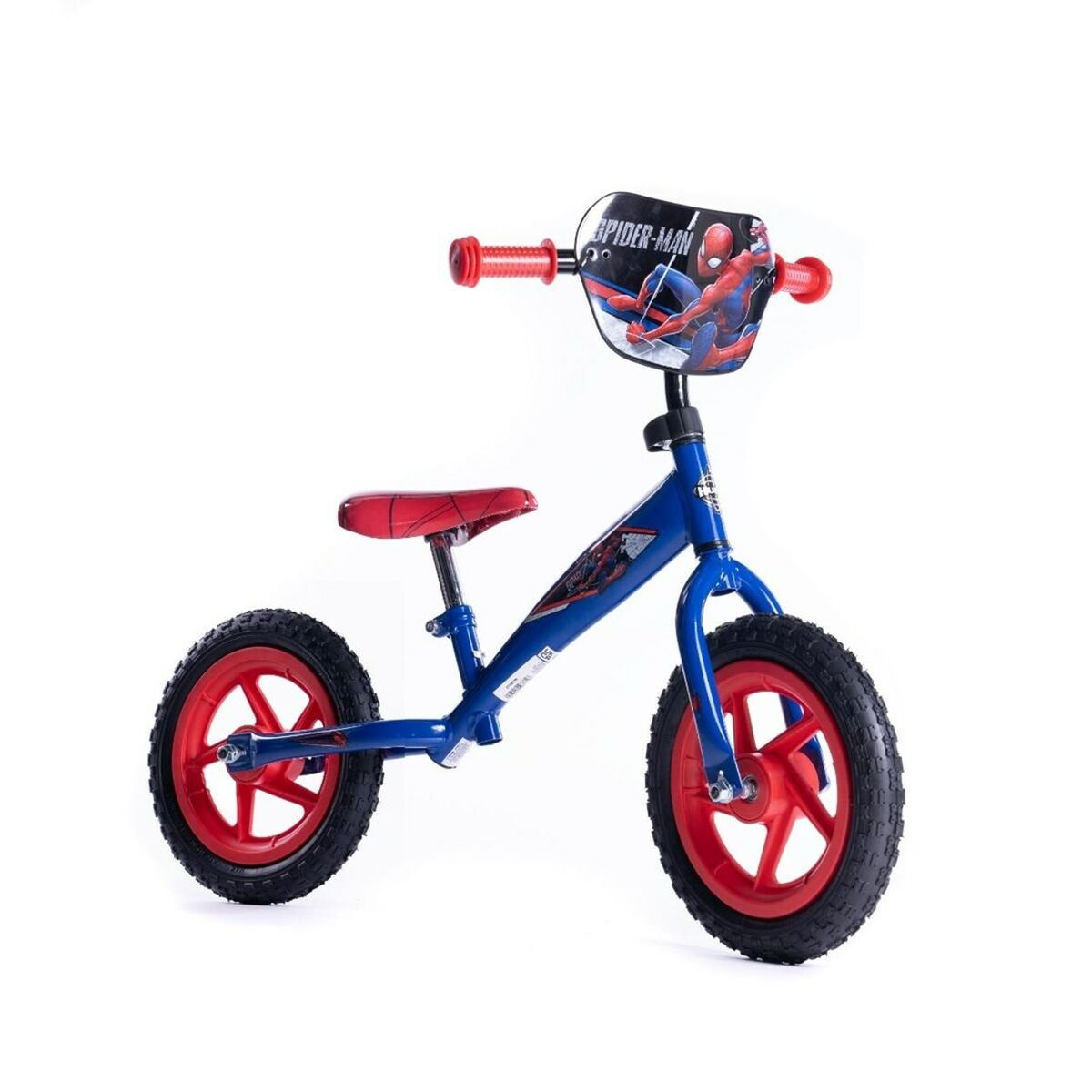 Bicicletta senza pedali di Spider-Man blu su sfondo bianco.