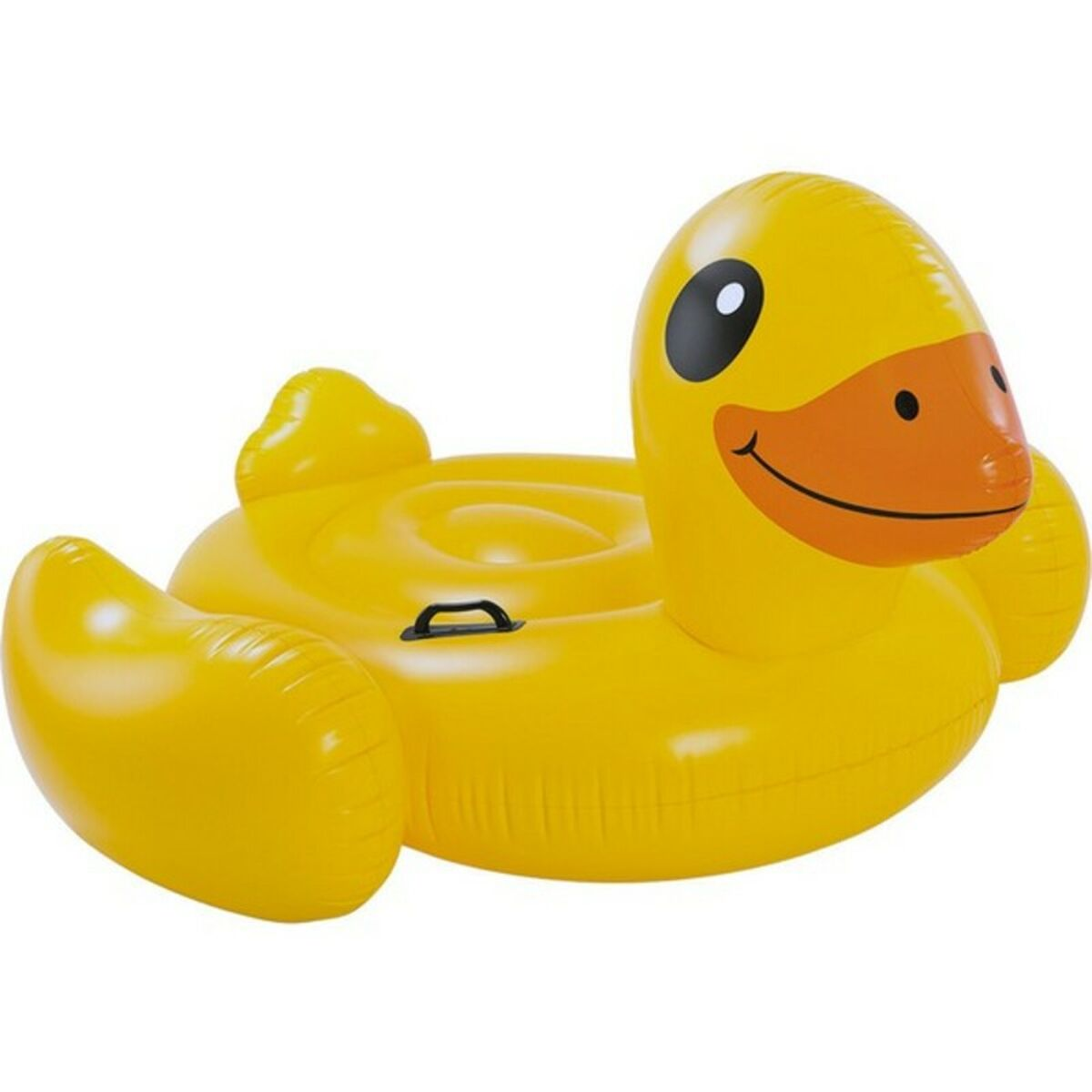 Gelbe aufblasbare Ente auf weißem Hintergrund.