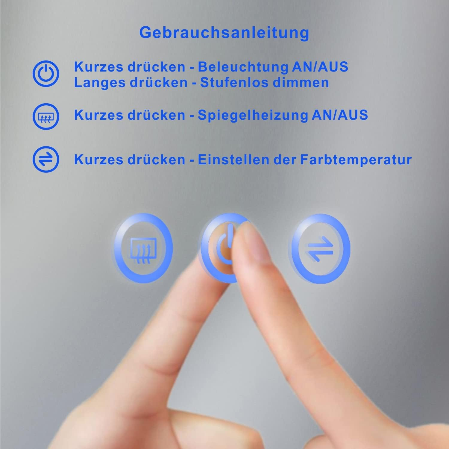 Nahaufnahme einer Hand, die eine Taste auf einem Spiegel drückt. Text oben beschreibt Spiegelfunktionen.