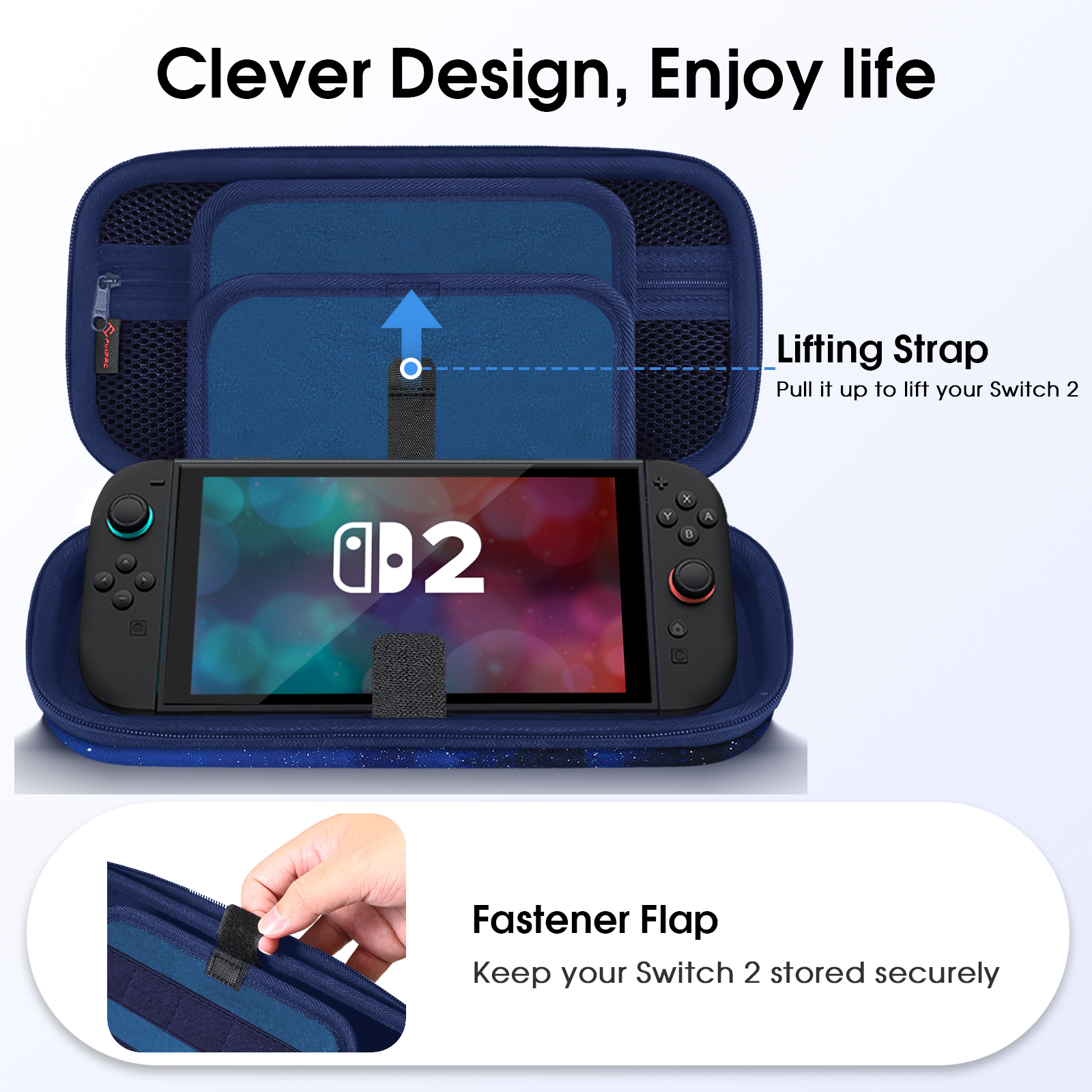 Switch 2 Konsole in einer blauen Hülle. Enthält einen Hebegurt und eine Verschlussklappe.
