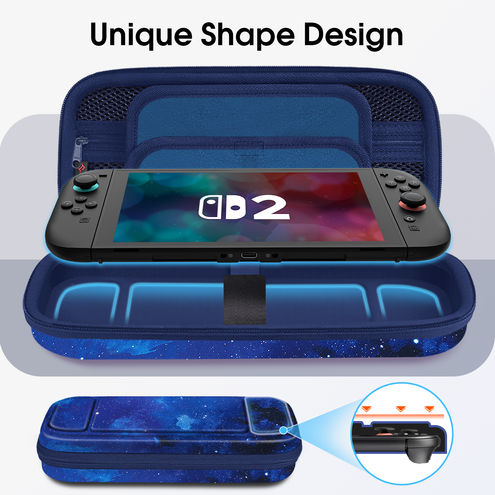 Blaue Hülle mit Switch 2. Die Konsole befindet sich in der Hülle. Nahaufnahme des Controllers.