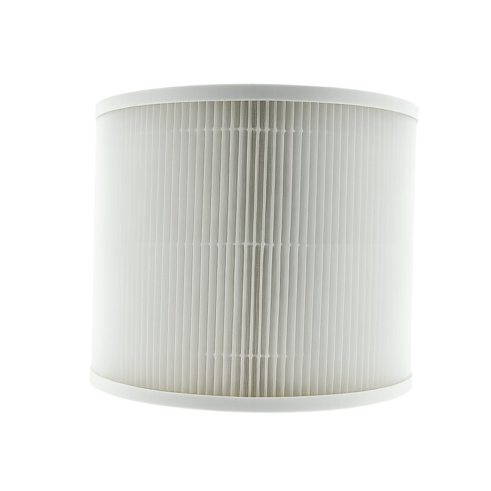 Weißer, zylindrischer Luftfilter, vertikal ausgerichtet. Der Filter hat ein plissiertes Design.