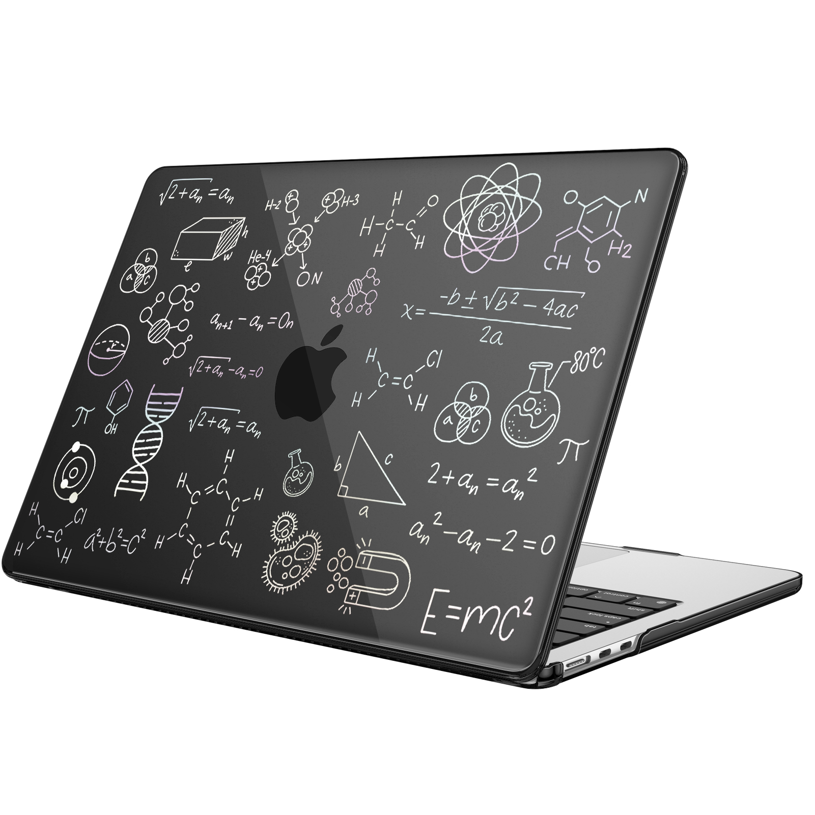 Schwarzer Laptop mit Gleichungen und Wissenschaftssymbolen auf dem Cover. Das Apple-Logo ist sichtbar.
