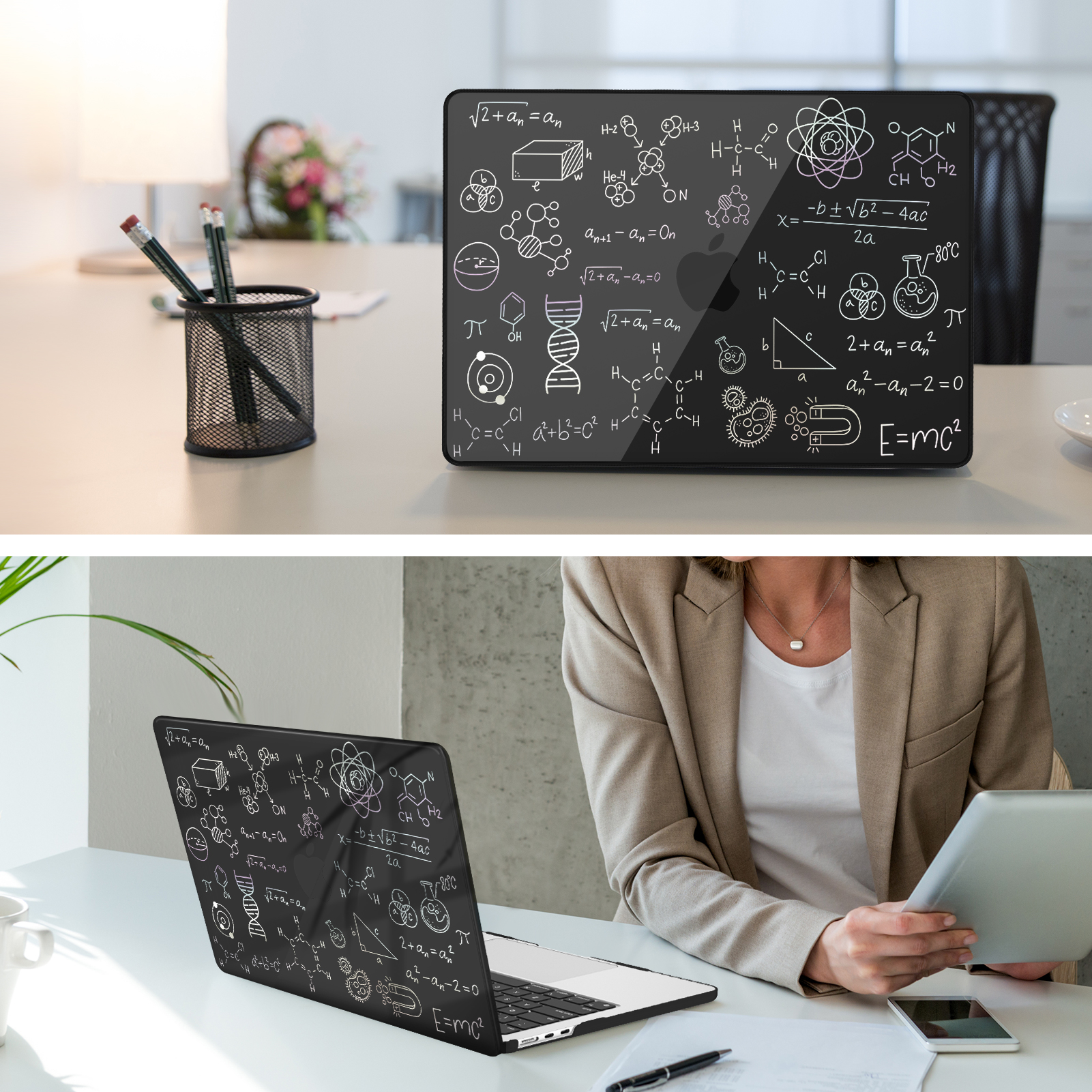 Zwei Bilder, die einen Laptop mit mathematischen Formeln auf dem Gehäuse und dem Schreibtisch zeigen.