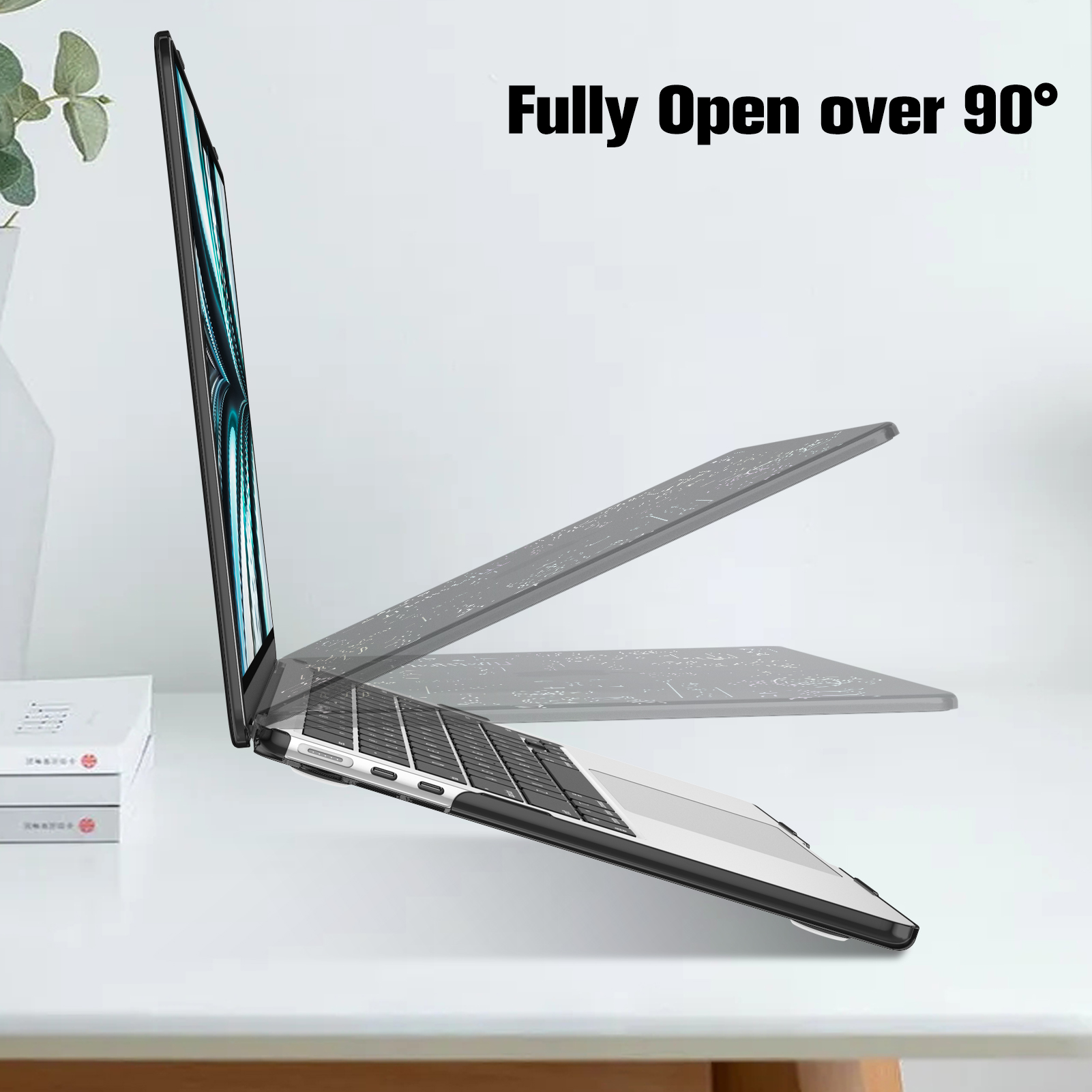 Ein Laptop ist über 90 Grad geöffnet. Die Tastatur ist sichtbar und der Bildschirm ist geöffnet. Der Hintergrund ist weiß.