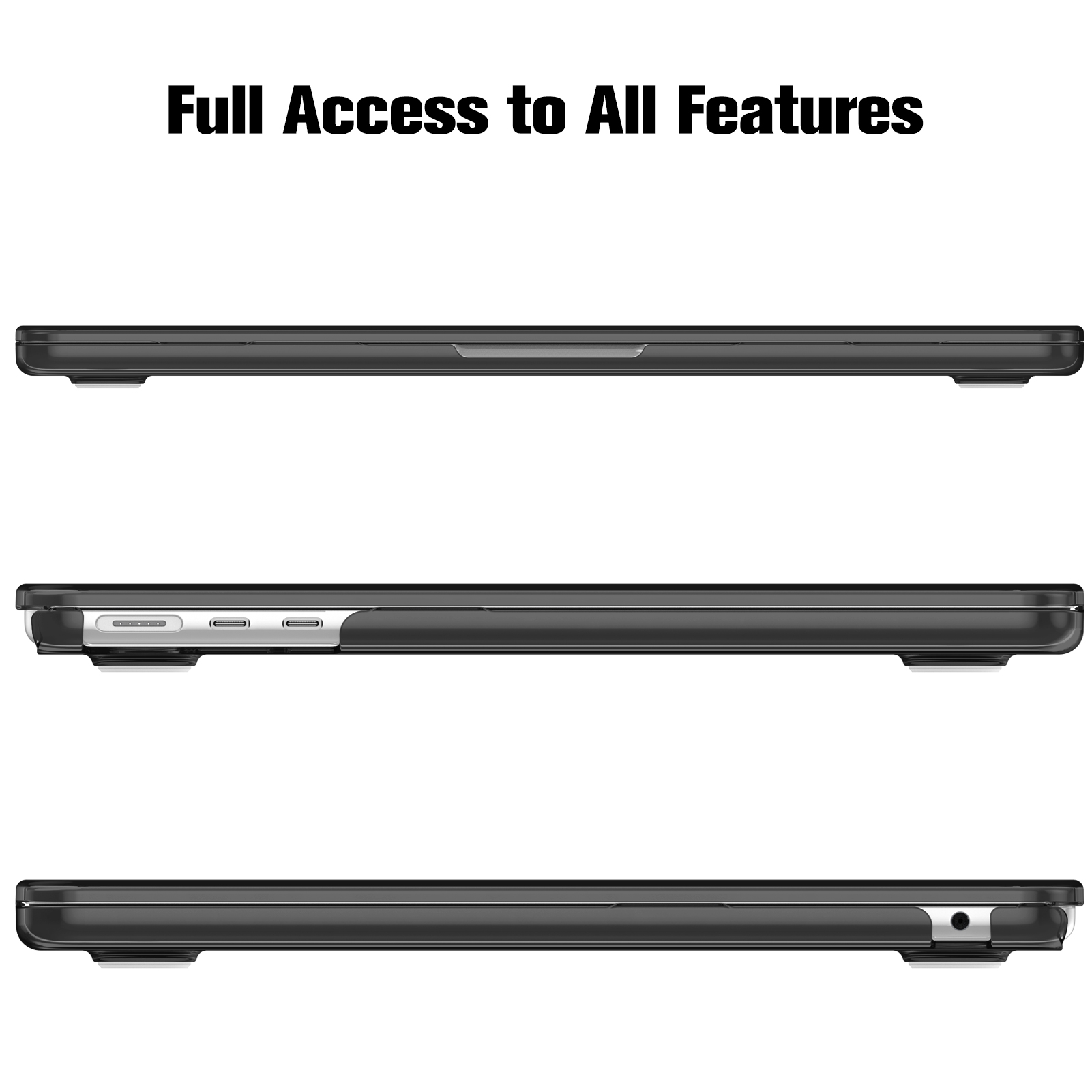 Laptop-Hülle mit verschiedenen Ansichten. Die Hülle ist schwarz. Text 'Full Access to All Features' ist sichtbar.