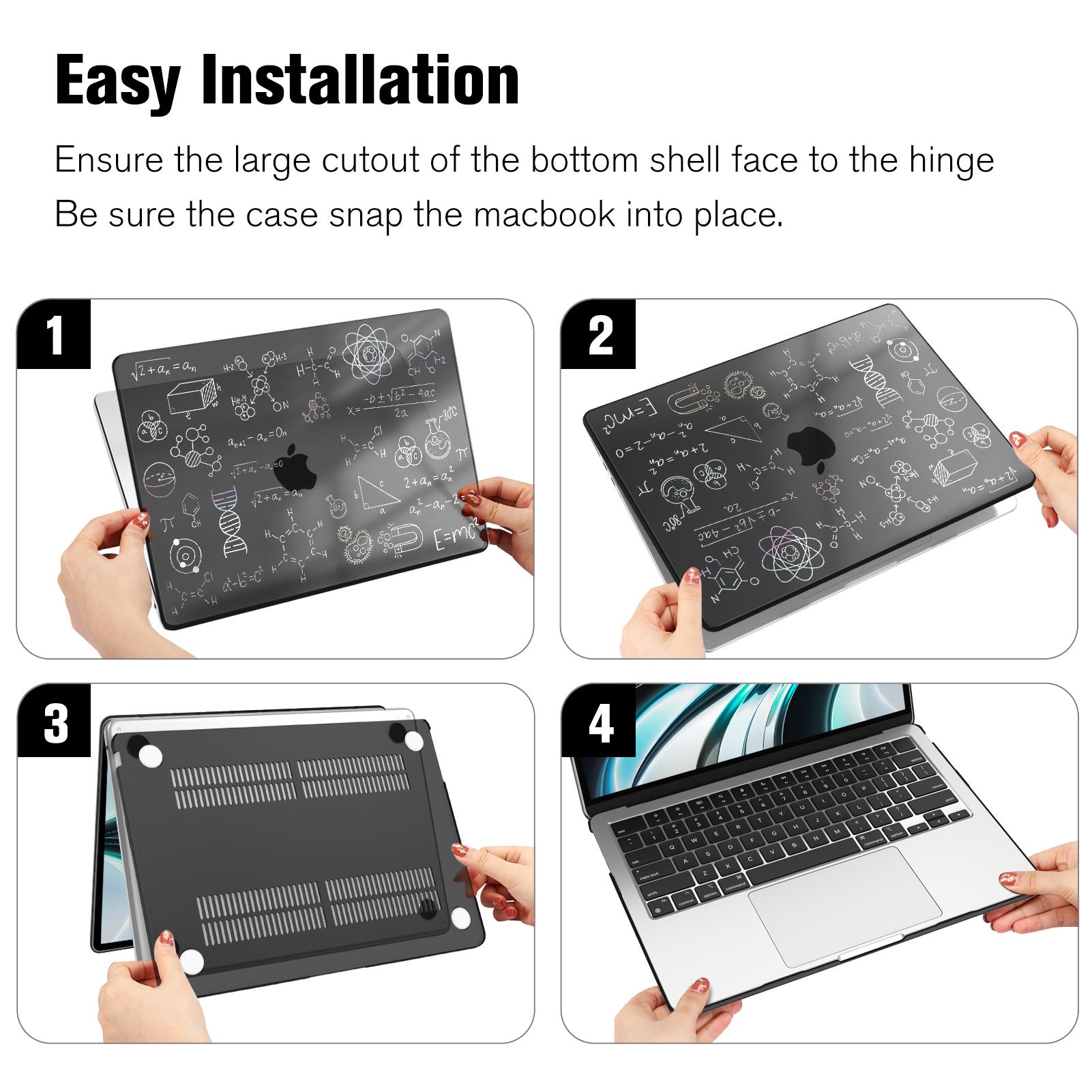 Schritte zur Installation einer Macbook-Hülle. 4 Bilder zeigen, wie die Hülle auf dem Macbook platziert wird.