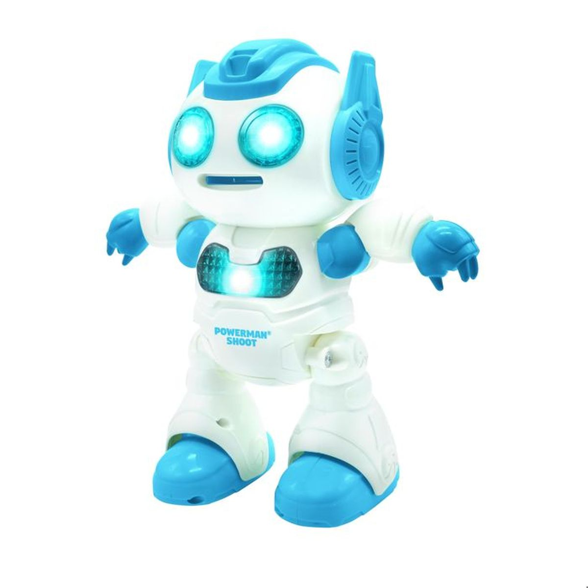 Ein Spielzeugroboter mit blauen und weißen Teilen. Er hat leuchtende blaue Augen.