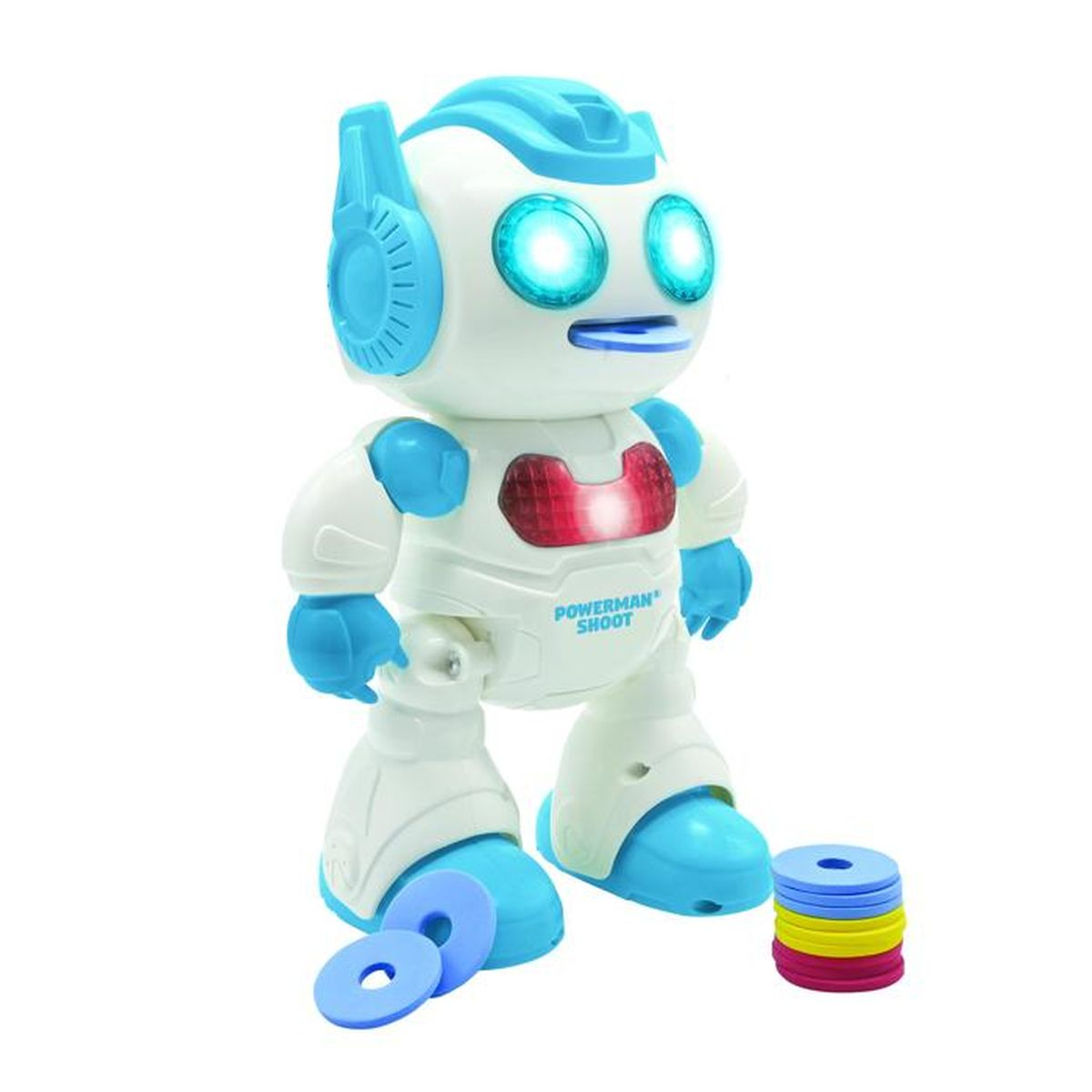 Ein Spielzeugroboter mit blauen und weißen Teilen. Er hat leuchtende blaue Augen und steht.