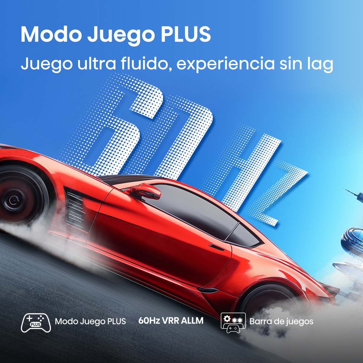 Een rode sportwagen op een blauwe achtergrond met tekst over een gamemodus en een 60Hz VRR ALLM logo.
