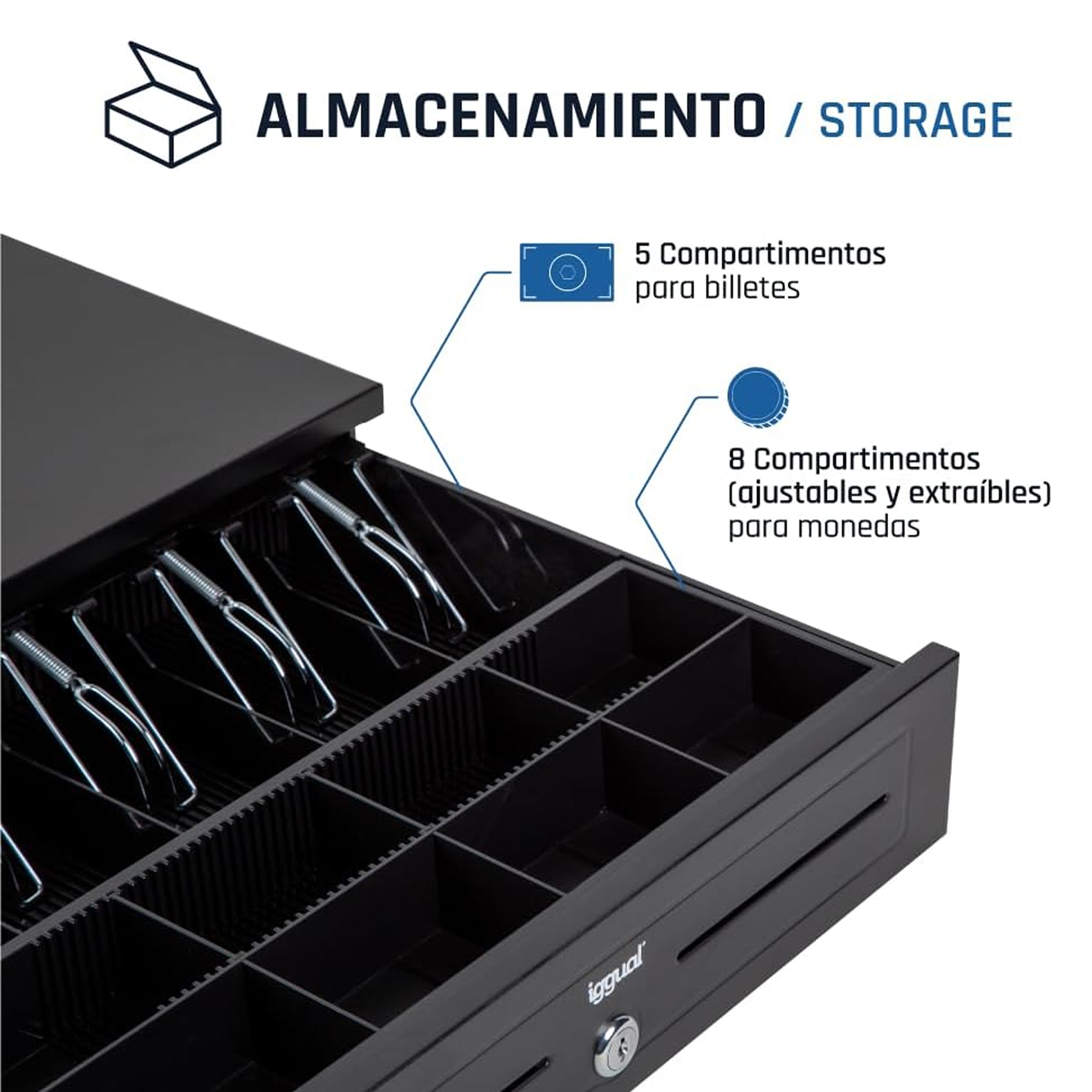 Un cajón de caja registradora, abierto para revelar compartimentos para billetes y monedas. Es negro y muestra la marca Iggual.