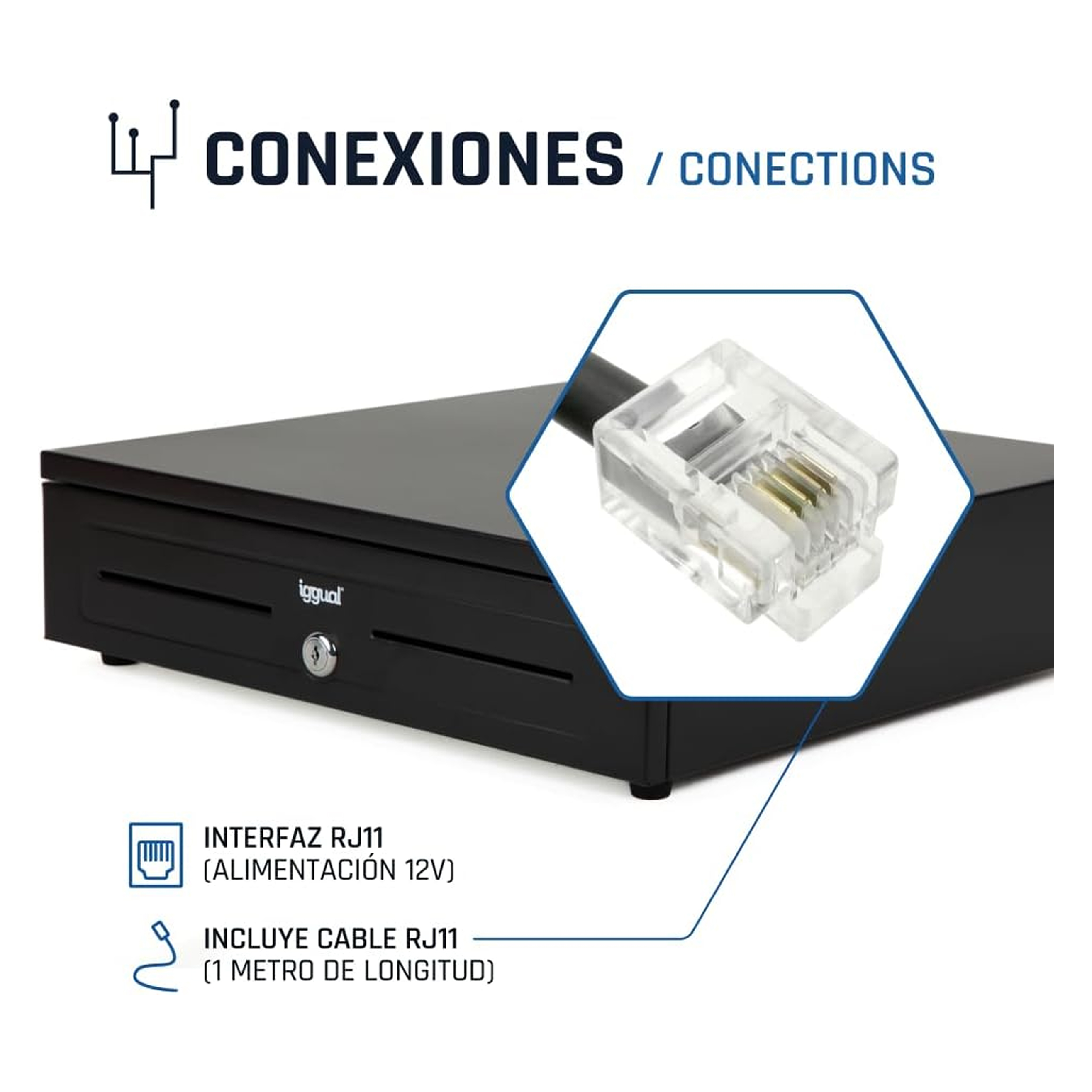 Un cajón de caja registradora negro con una interfaz RJ11 y cable. Está etiquetado con la marca Iggual.
