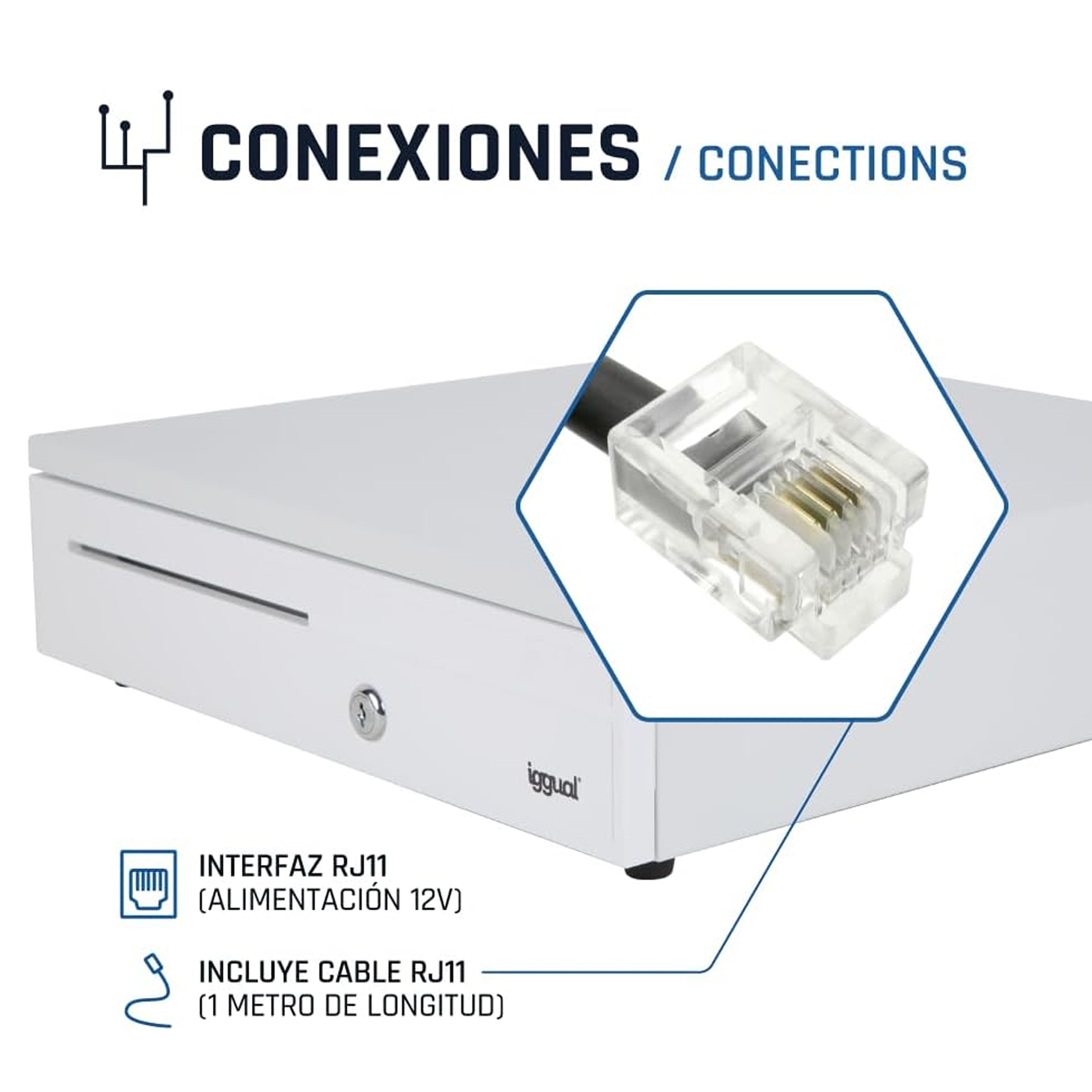 Un cajón de caja registradora blanco con una interfaz RJ11 y cable. Está etiquetado con la marca Iggual.