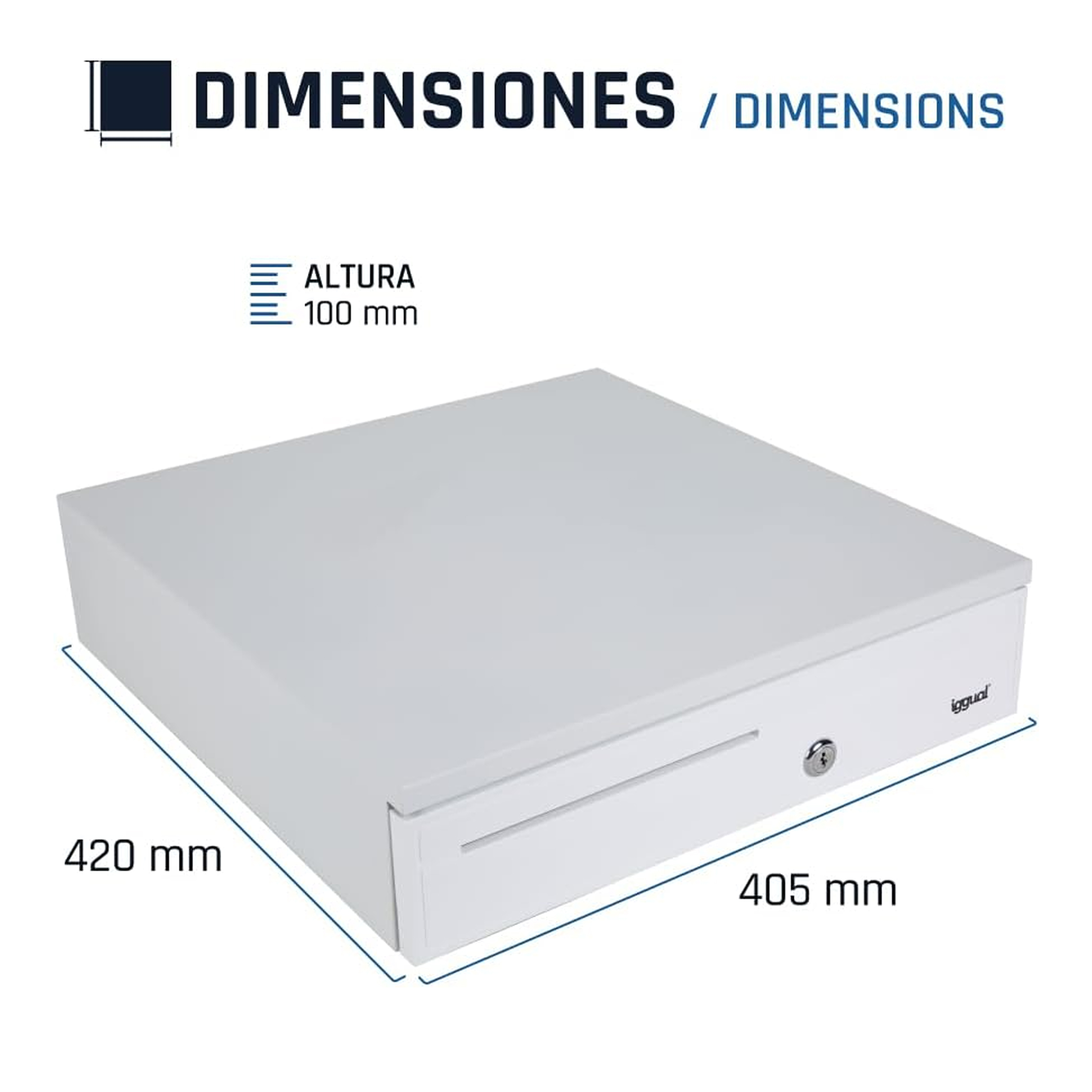 Cajón portamonedas blanco con cerradura y dimensiones en mm: 420x405x100. Marca visible.