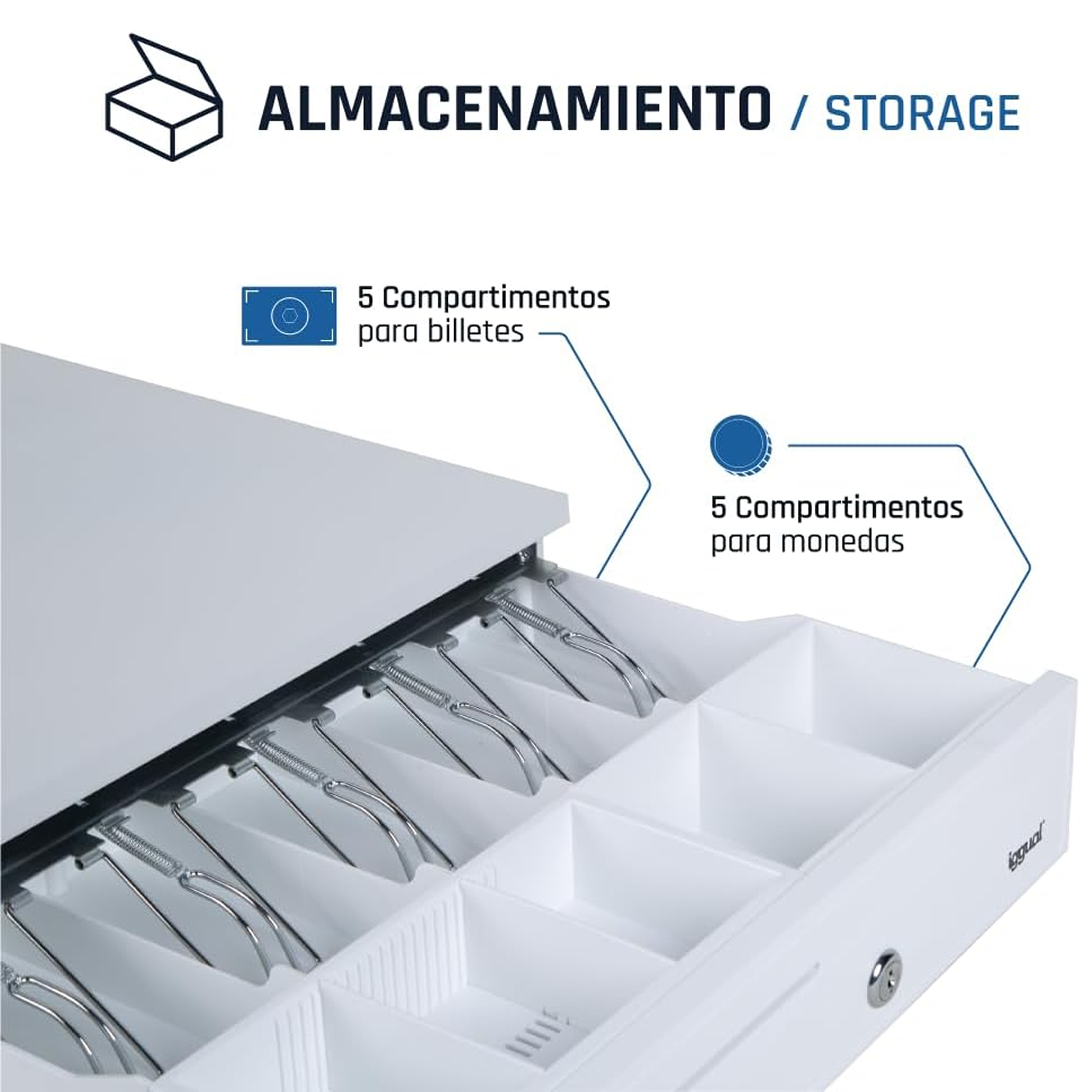 Un cajón de caja registradora, abierto para revelar compartimentos para billetes y monedas. Los diagramas muestran el número de compartimentos.