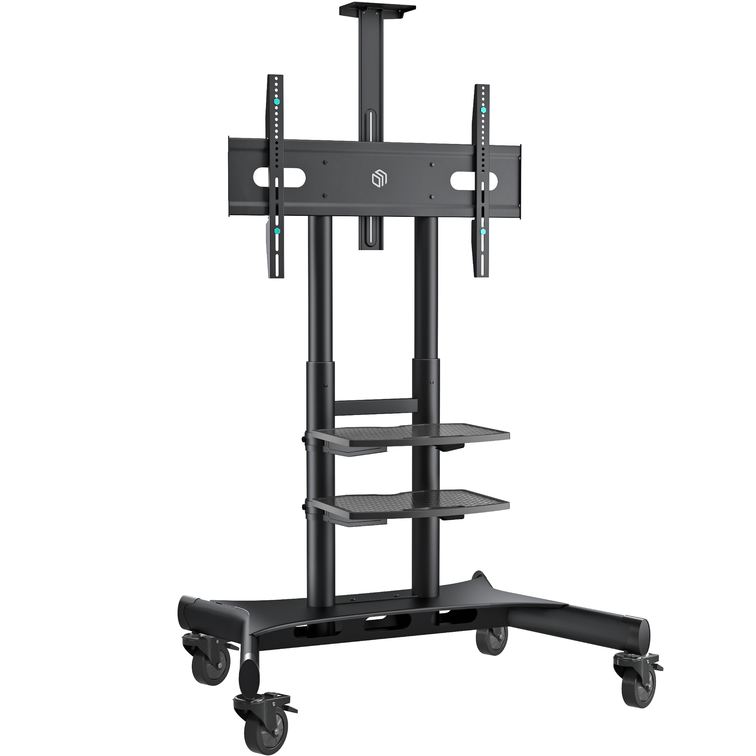 Czarny stojak pod telewizor z trzema półkami. Tło jest czarne.