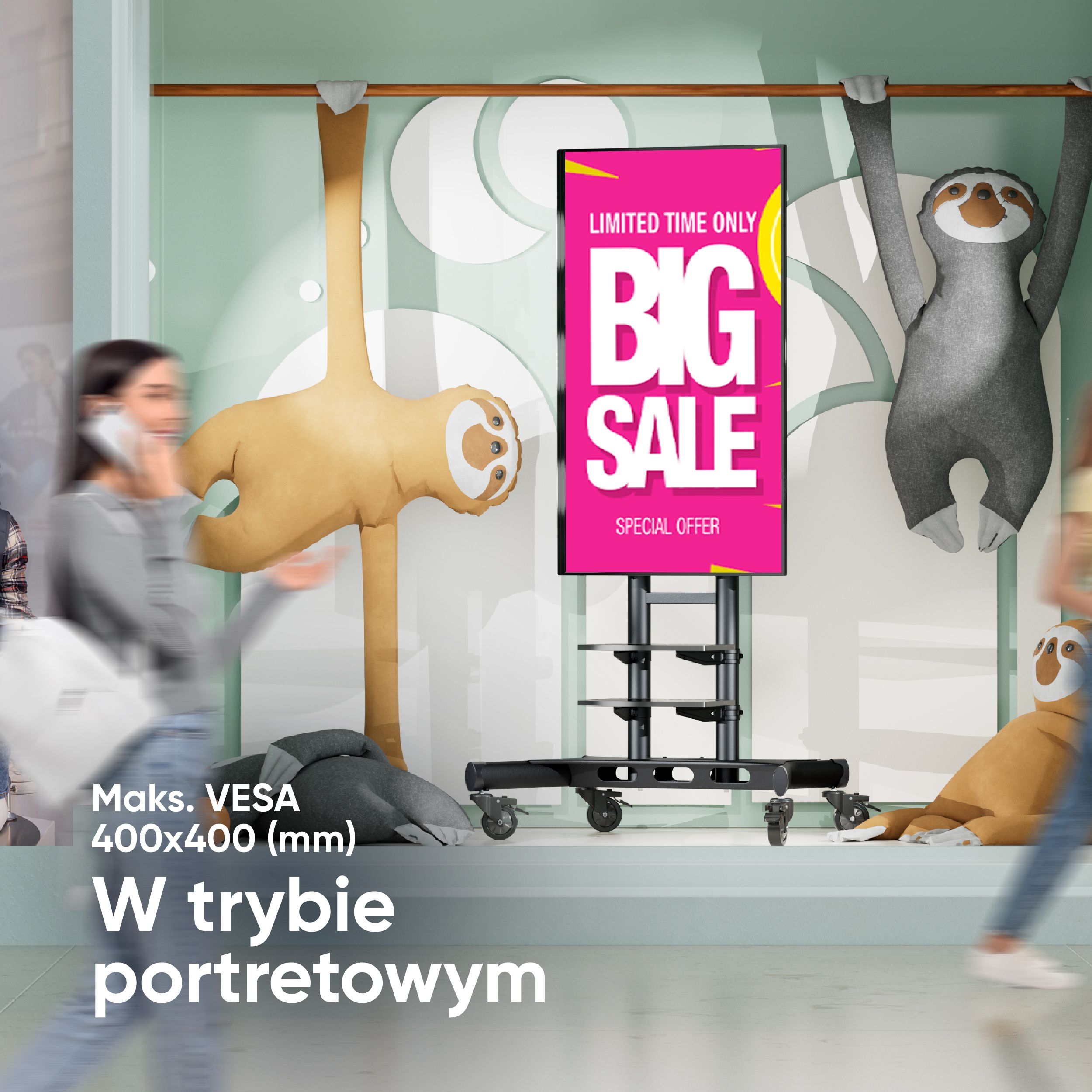 Stojak pod telewizor z ekranem wyświetlającym wyprzedaż, z leniwcami i kupującymi w tle. Tekst: 'Big Sale'.