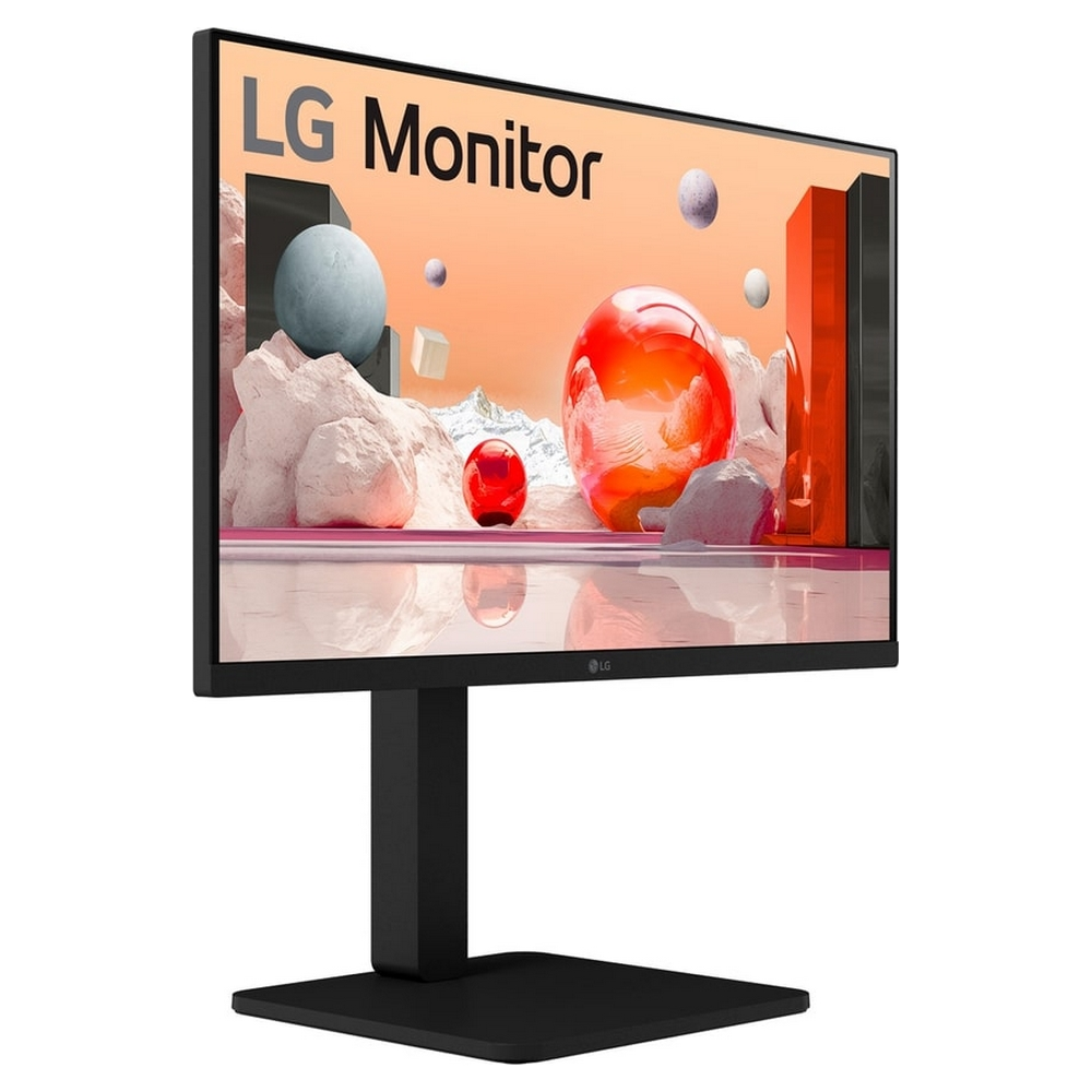An LG monitor stands on a black base, displaying a colorful abstract art scene.