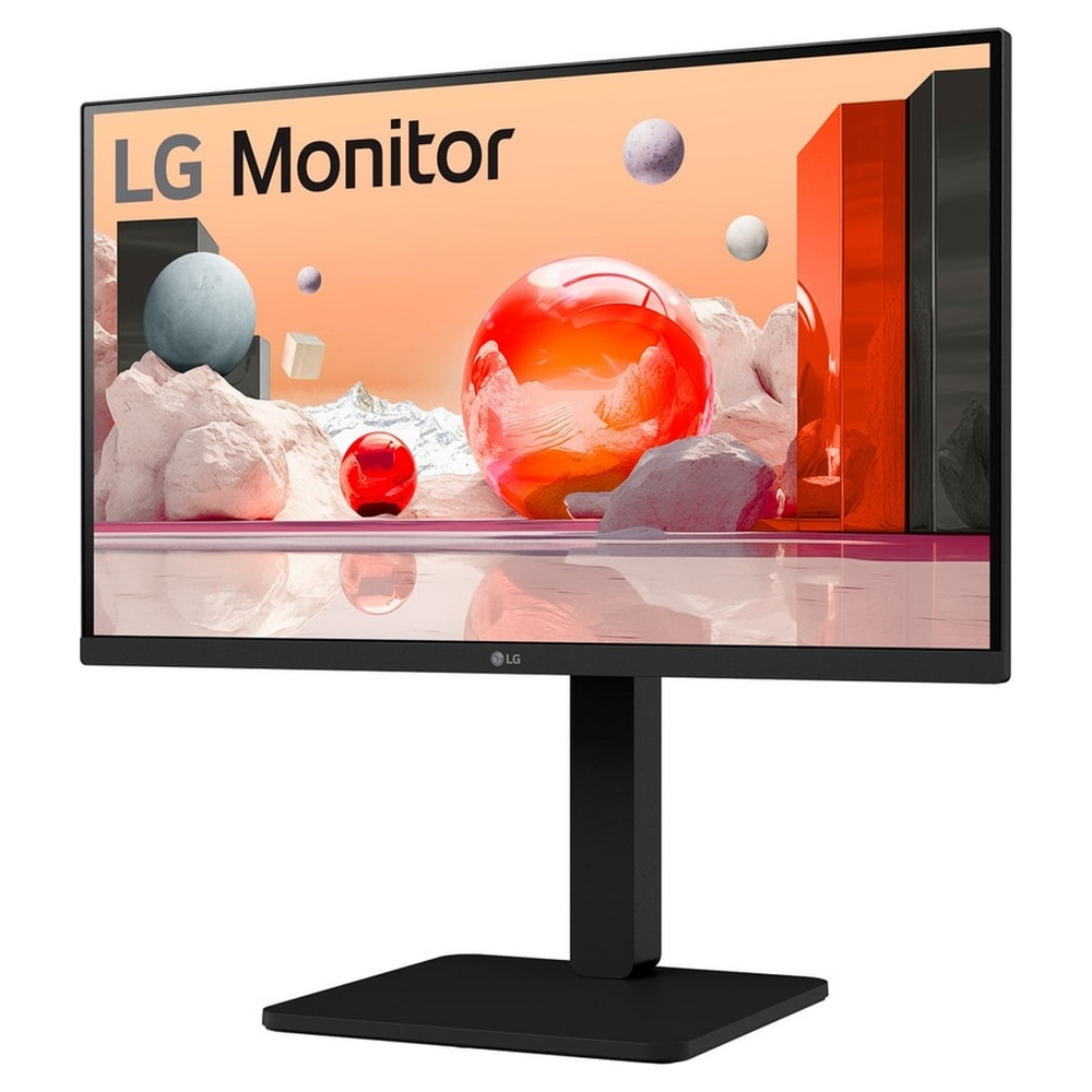 Front view of an LG monitor with a colorful abstract background. The monitor is black.