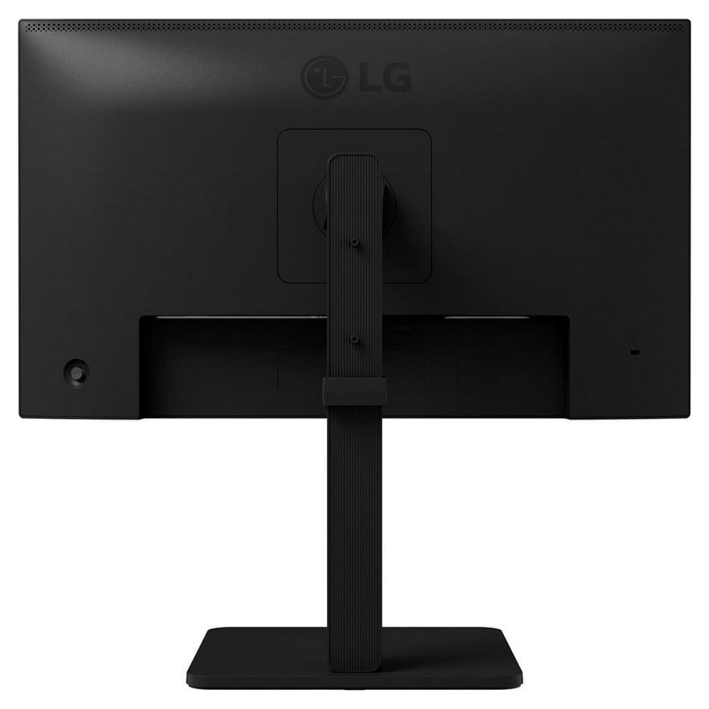Back of a black computer monitor with a stand, ports, and screws visible.