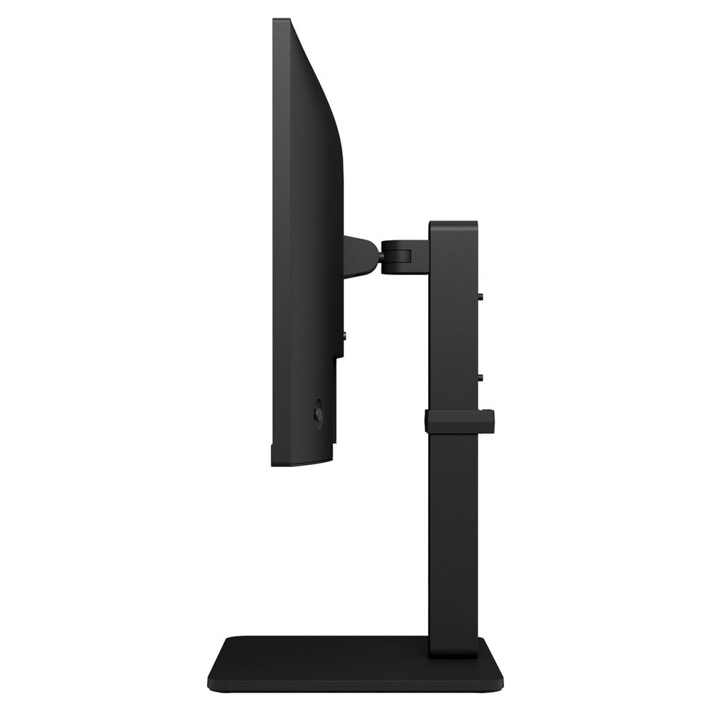 Side view of a black computer monitor on a black stand. The screen is black.