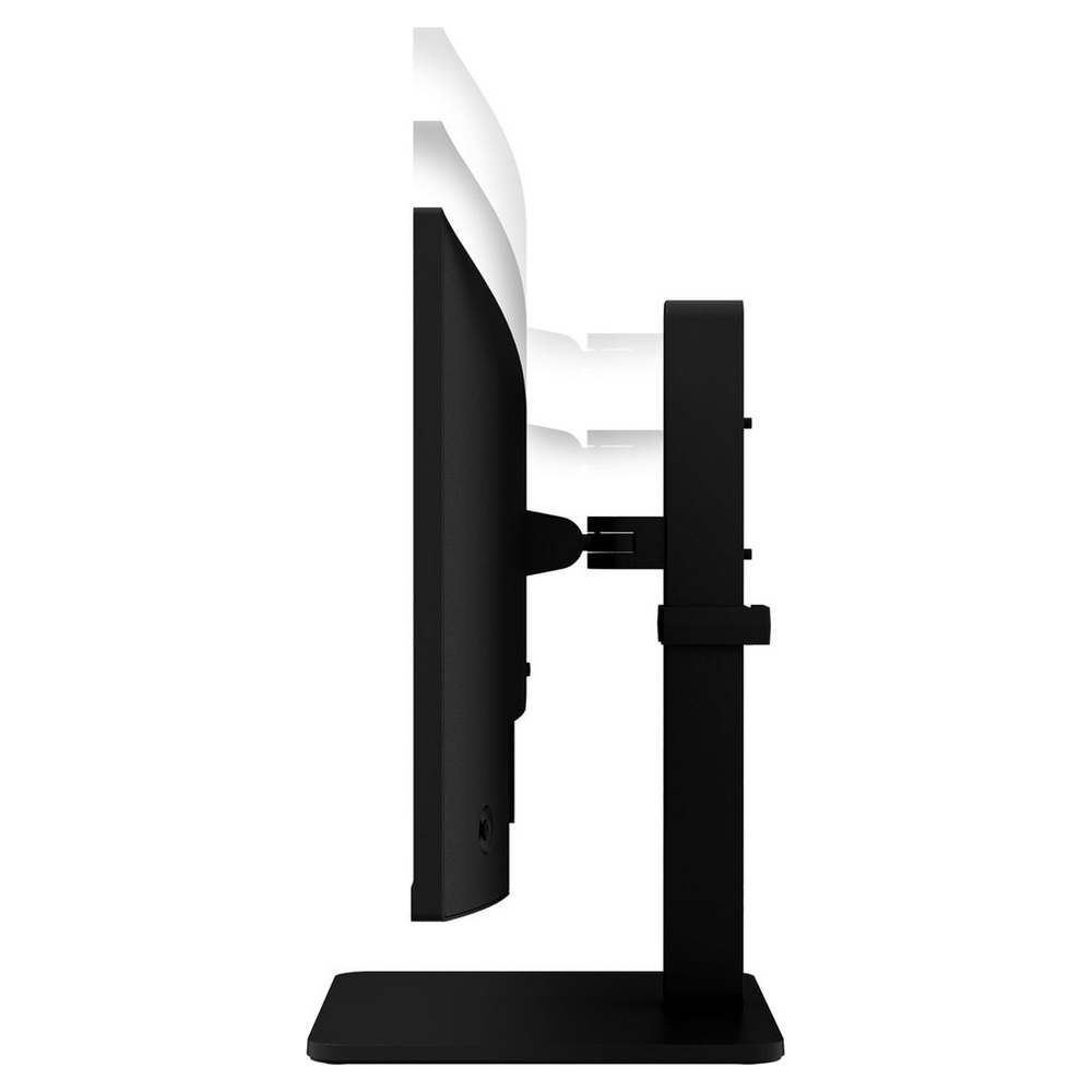 Side view of a black monitor. The stand is black, with adjustable height.