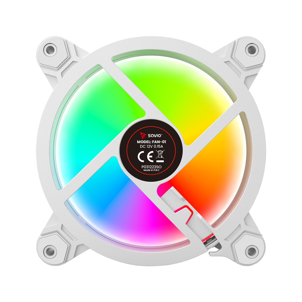 Wentylator komputerowy z białą ramką, kolorowym światłem LED i czarną naklejką.