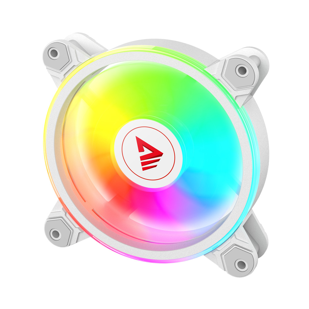Wentylator komputerowy z białą ramką i kolorowym światłem LED pośrodku.