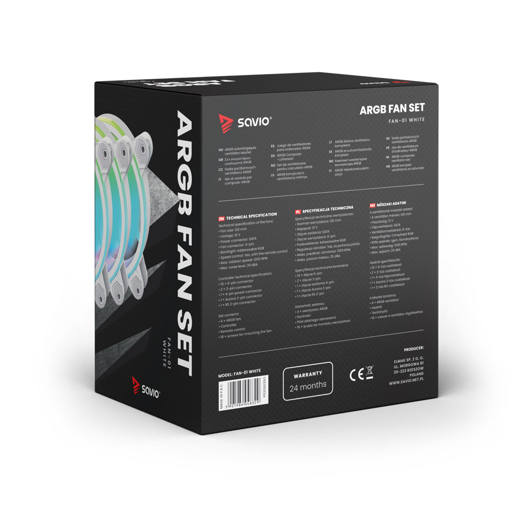 Tył pudełka produktu do zestawu wentylatorów komputerowych, ze specyfikacjami w wielu językach.